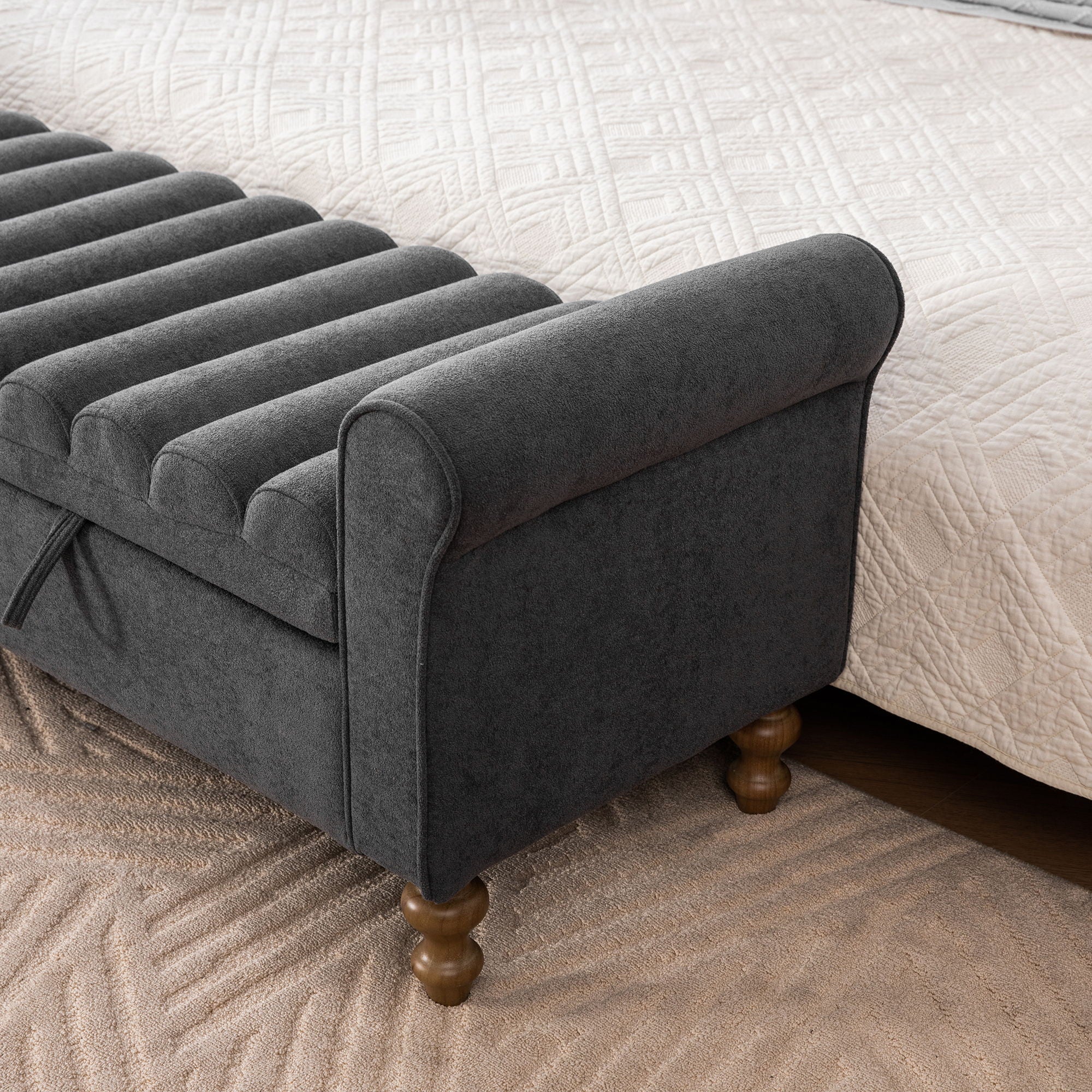 Wide Modern Upholstered Storage Bench With Rolled Armrest