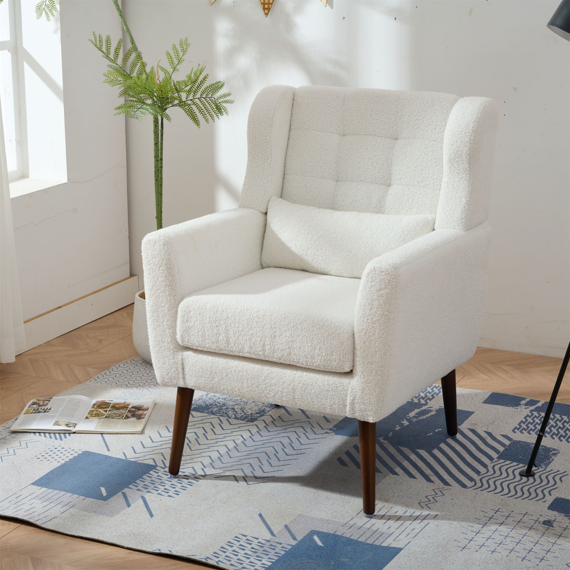 Modern Accent Chair, Arm Chairs For Living Room, Upholstered Mordern Armchair, Comfy Soft Padded Lounge Chair In Small Space, Bedroom, With Pillow, Solid Wood Leg