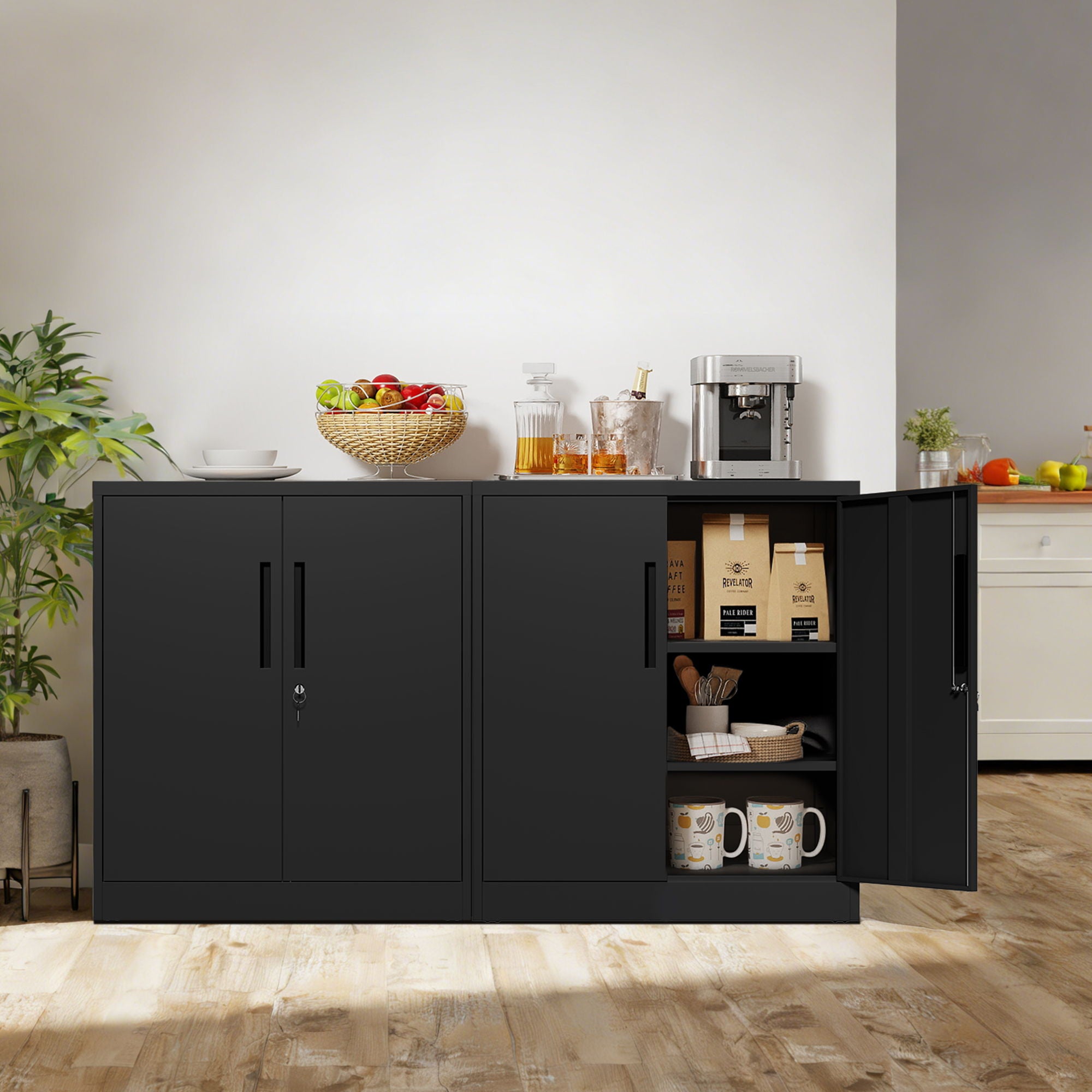 Heavy Duty Storage Cabinet With Lock, 2 Door File Cabinet With 2 Adjustable Shelves - Black
