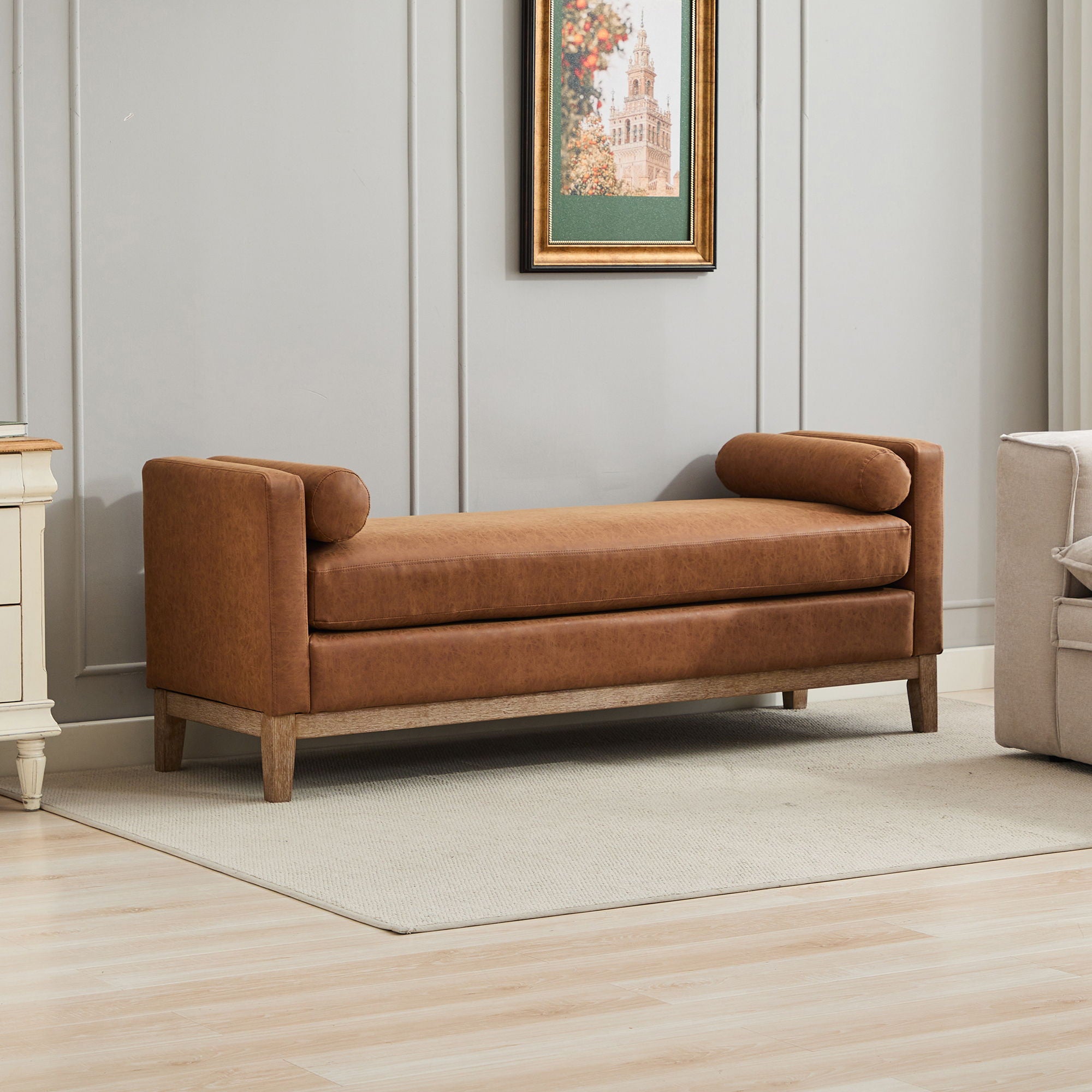 Elegant Upholstered Bench Daybed Ottoman With Bolster Pillows