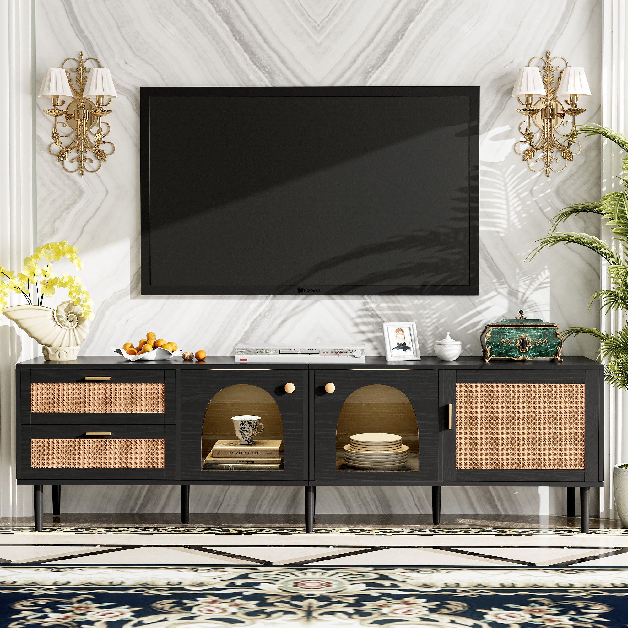 TV Stand With App-Controlled LED Lights, 2 Drawers & Door Storage