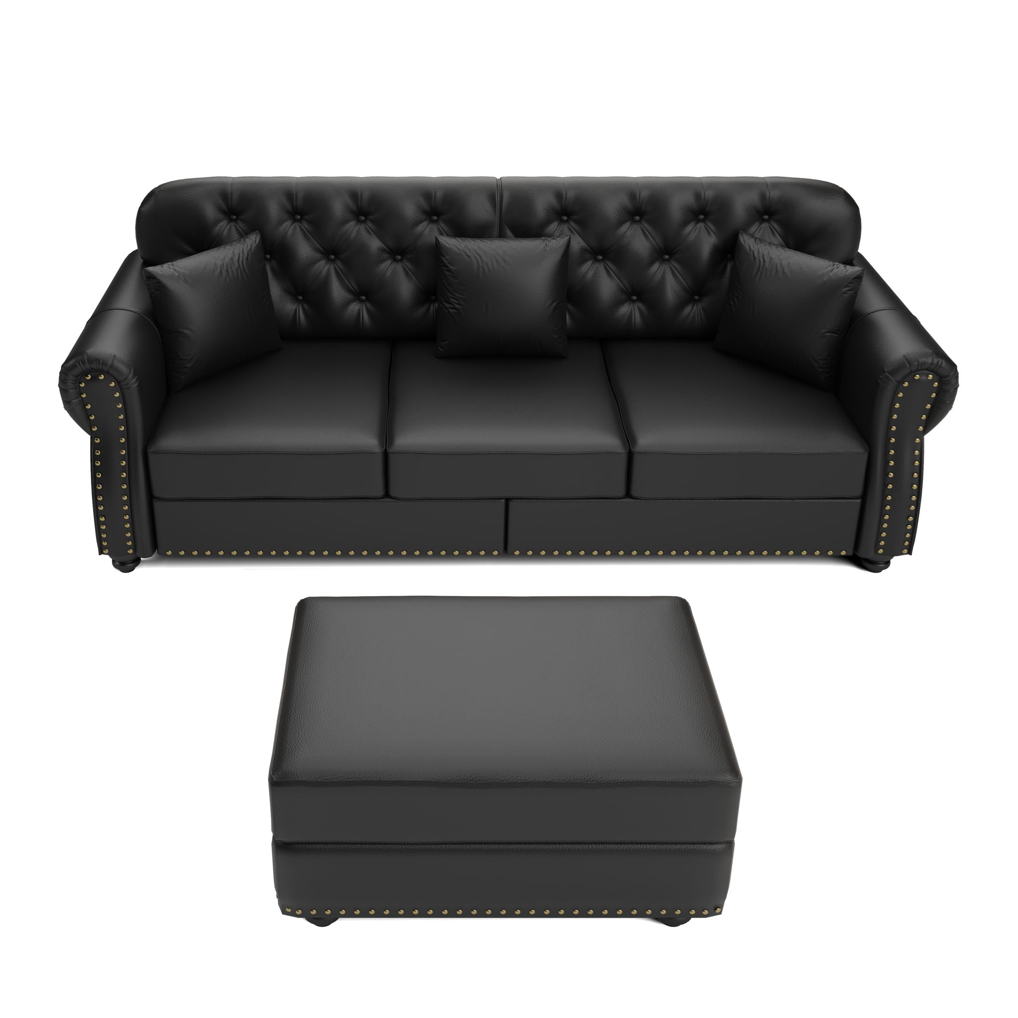 Upholstered Sofa With Nailhead Trim, Rolled Armrests With Ottoman