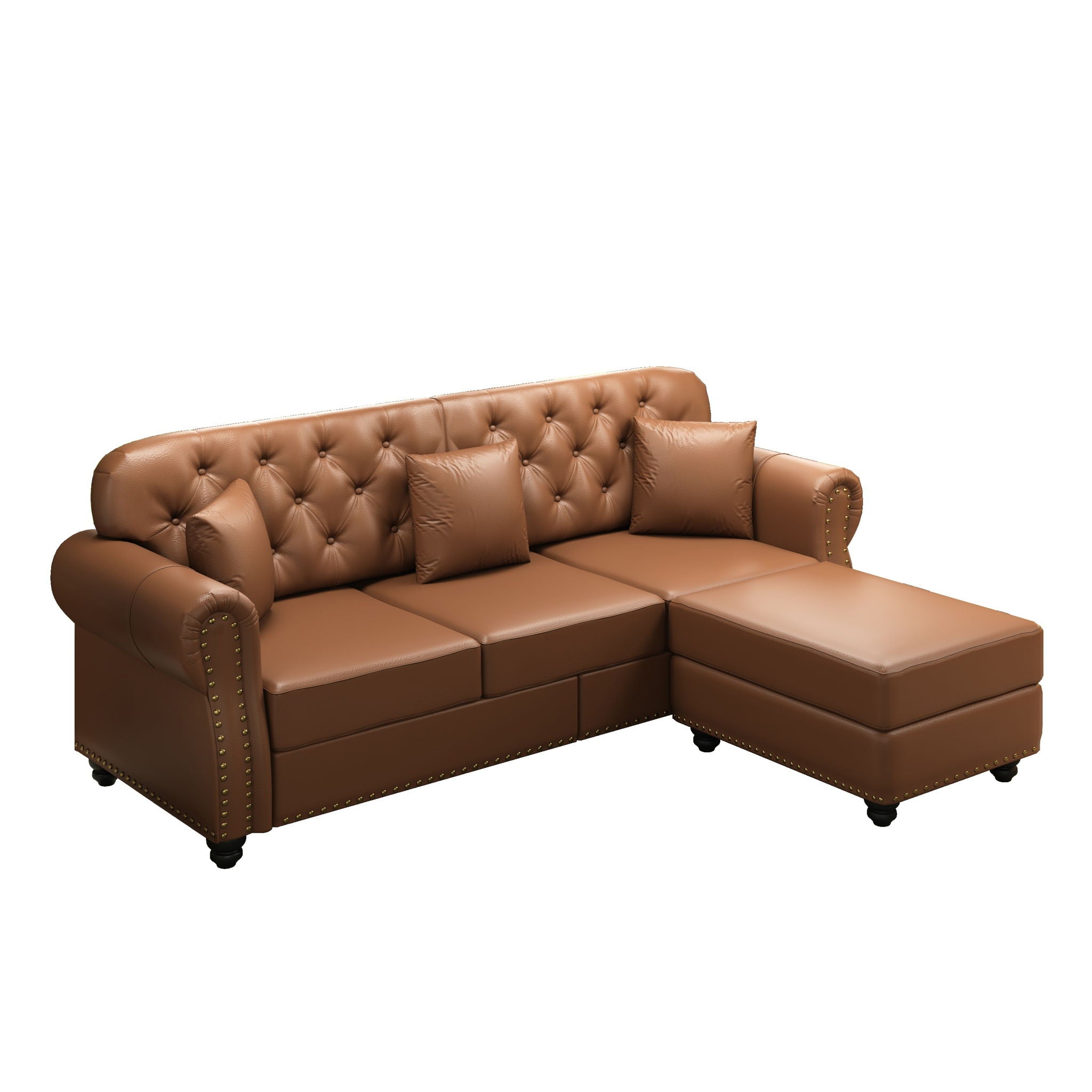 Upholstered Sofa With Nailhead Trim, Rolled Armrests With Ottoman