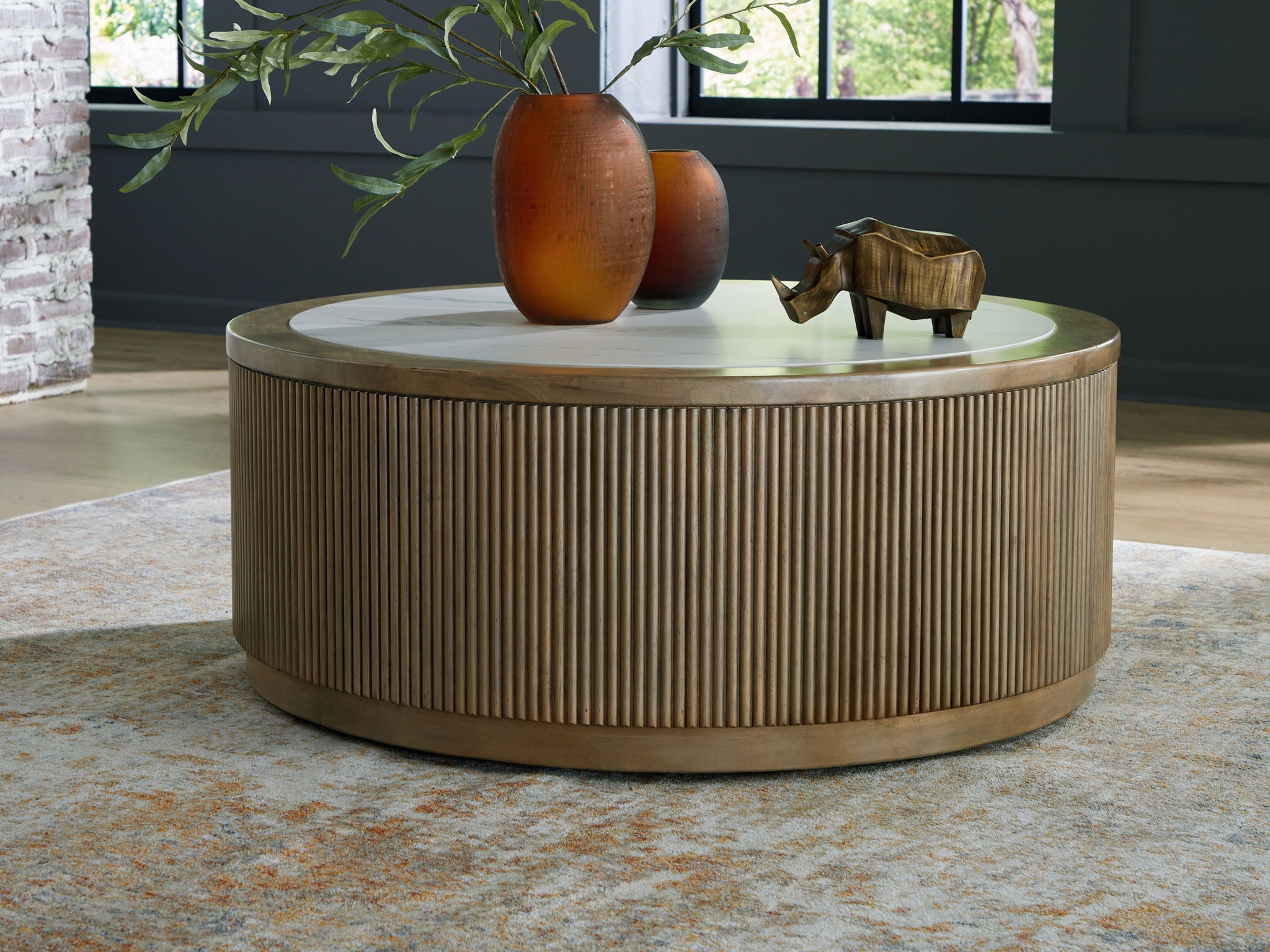 Camdill - Round Cocktail Table - Light Brown / White