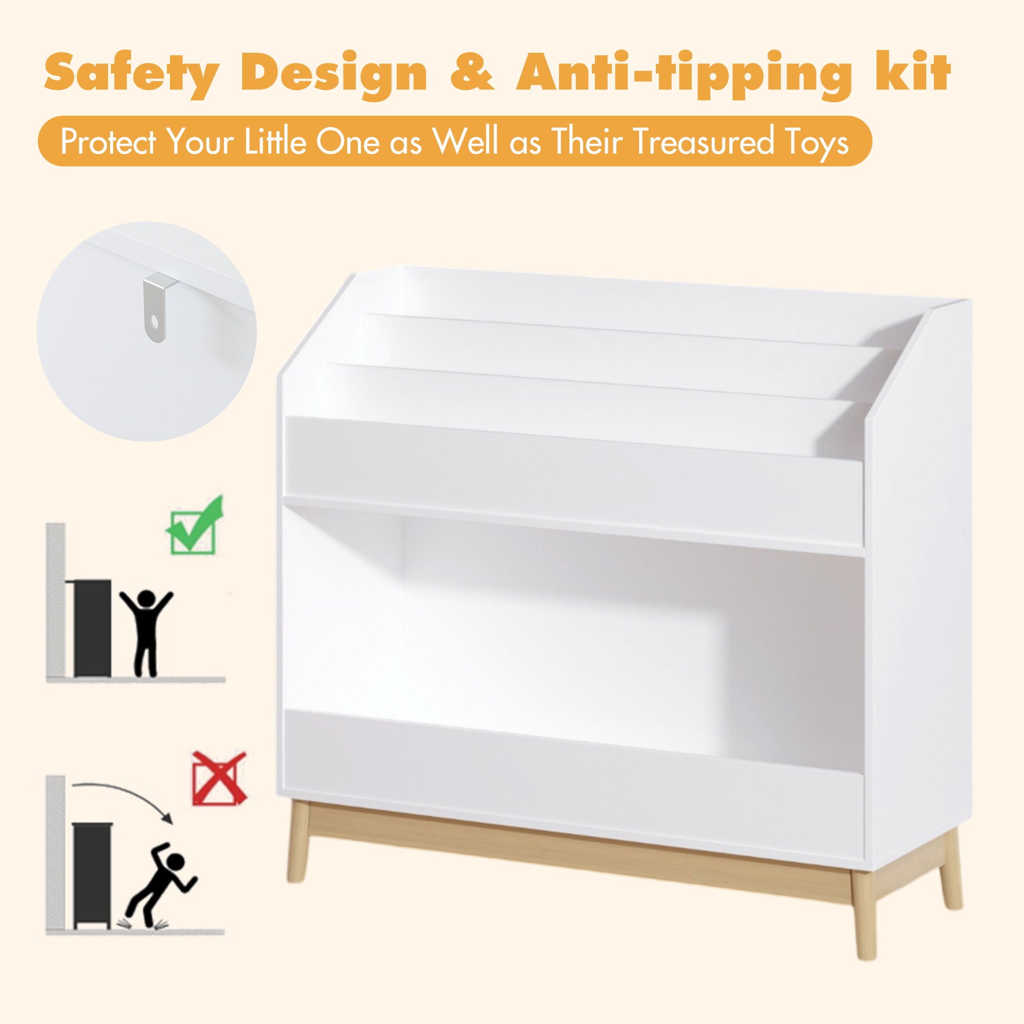 Bookcase Organizer With Storage, 3 Tier Toddler Book Display Shelf For Playroom - White