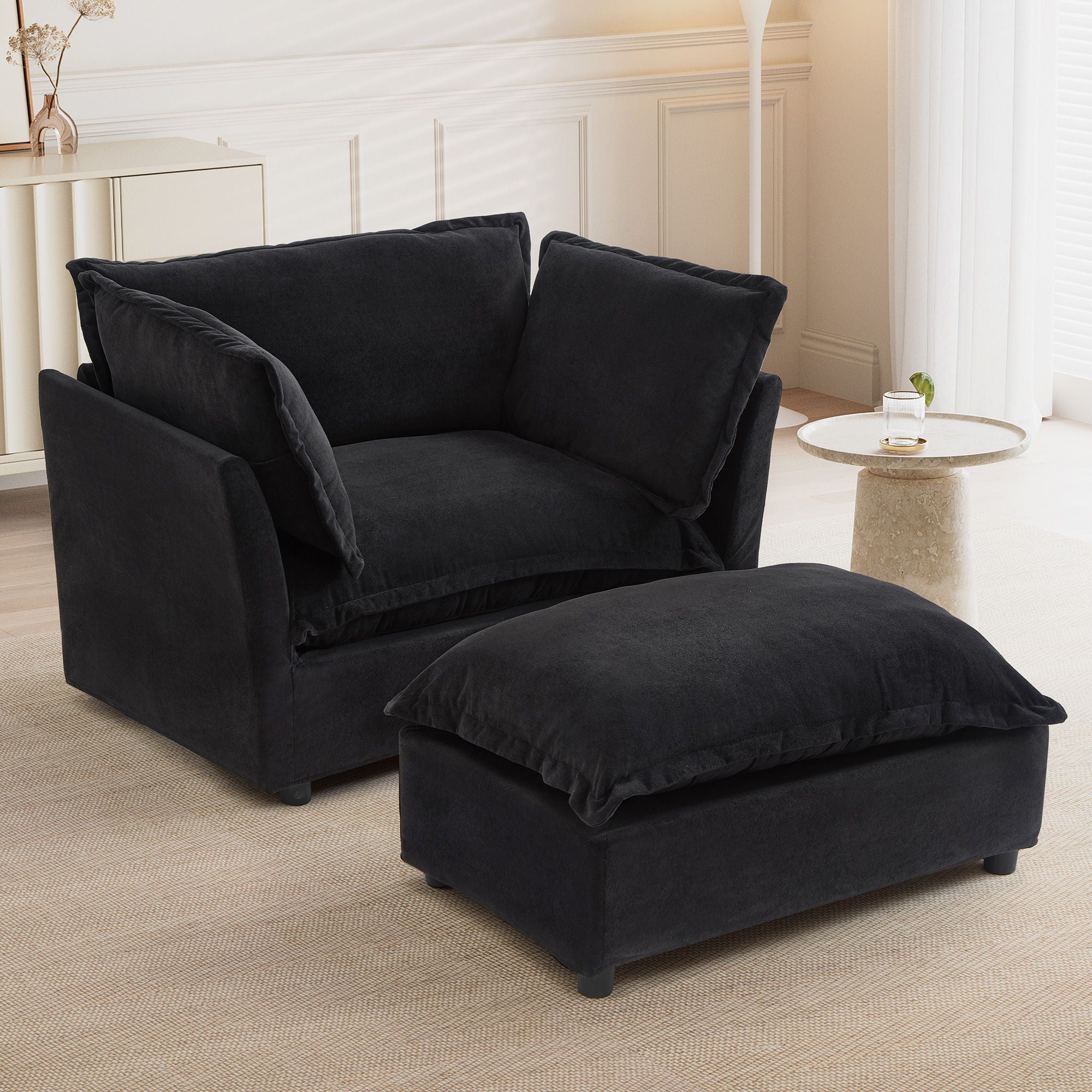 Modern Cozy Upholstered Armchair Sofa With Movable Ottoman