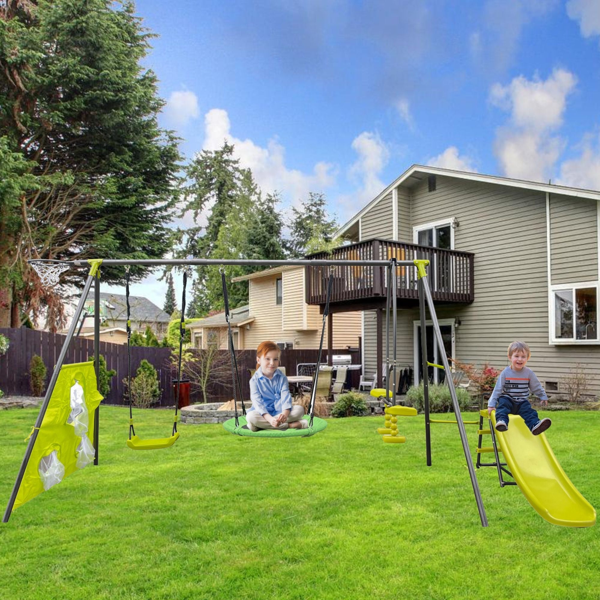 Interesting Six Function Swingset With Net Swing Metal Plastic Safe Swing Set 440Lbs For Outdoor Playground For Age 3+ With 31.5" Net Swing - /