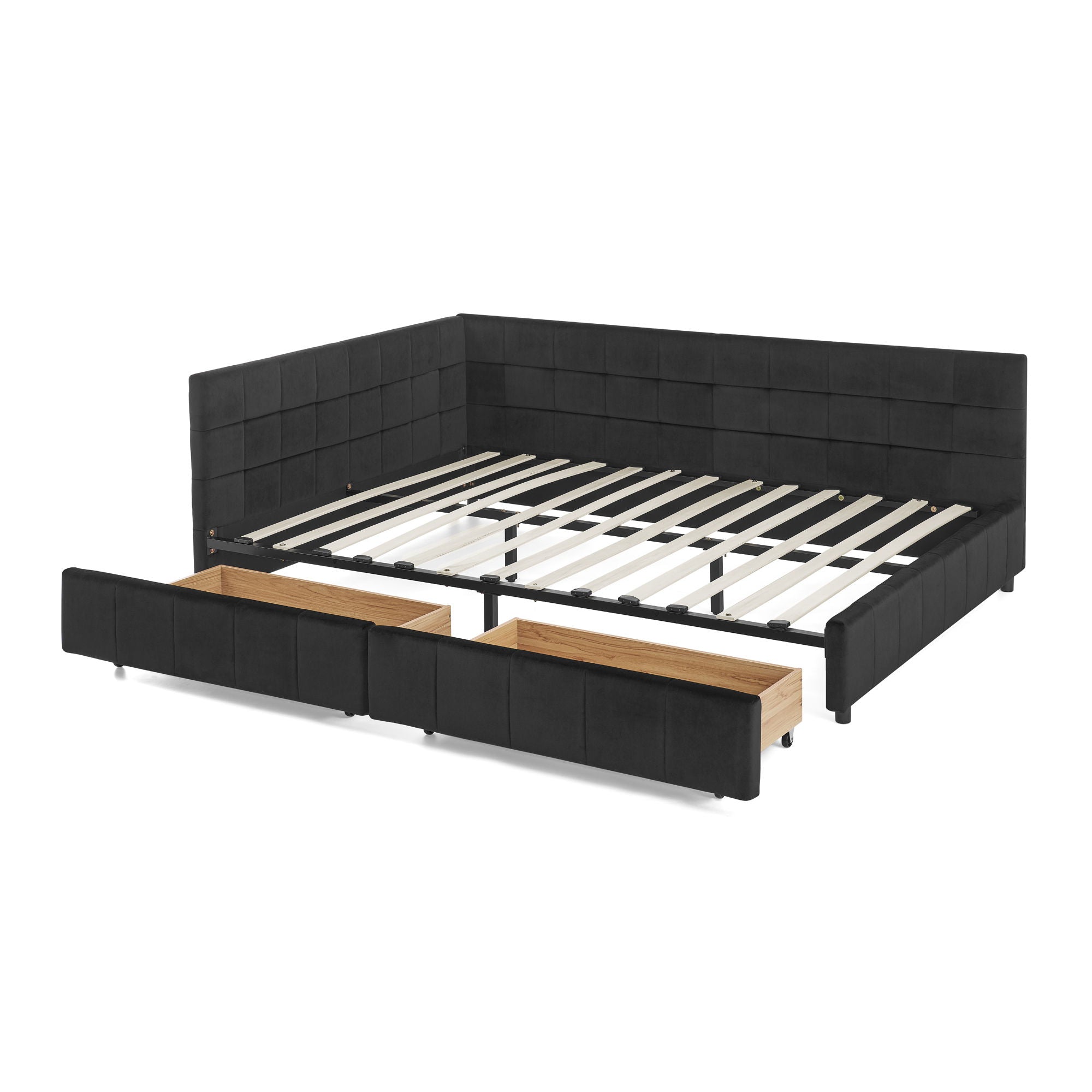 Mid-Century Storage Upholstered Tufted Bed Frame With Backrest And Armrests