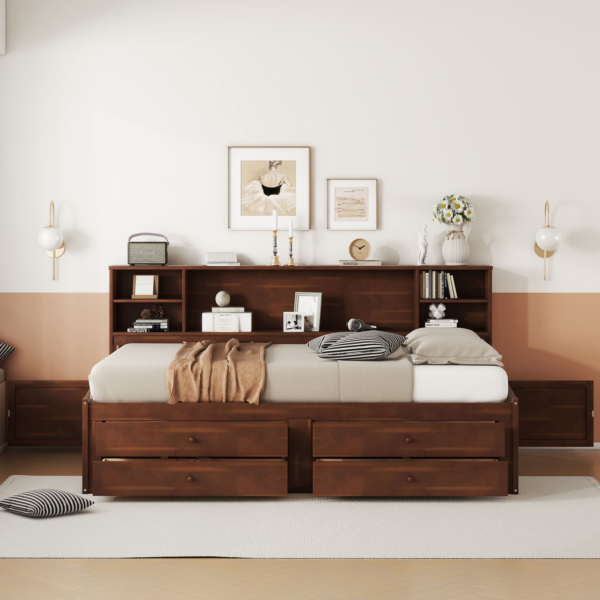 Full Size Captain Bed With Built In Storage Shelves, 4 Drawers And 2 Cabinets - Antique Brown