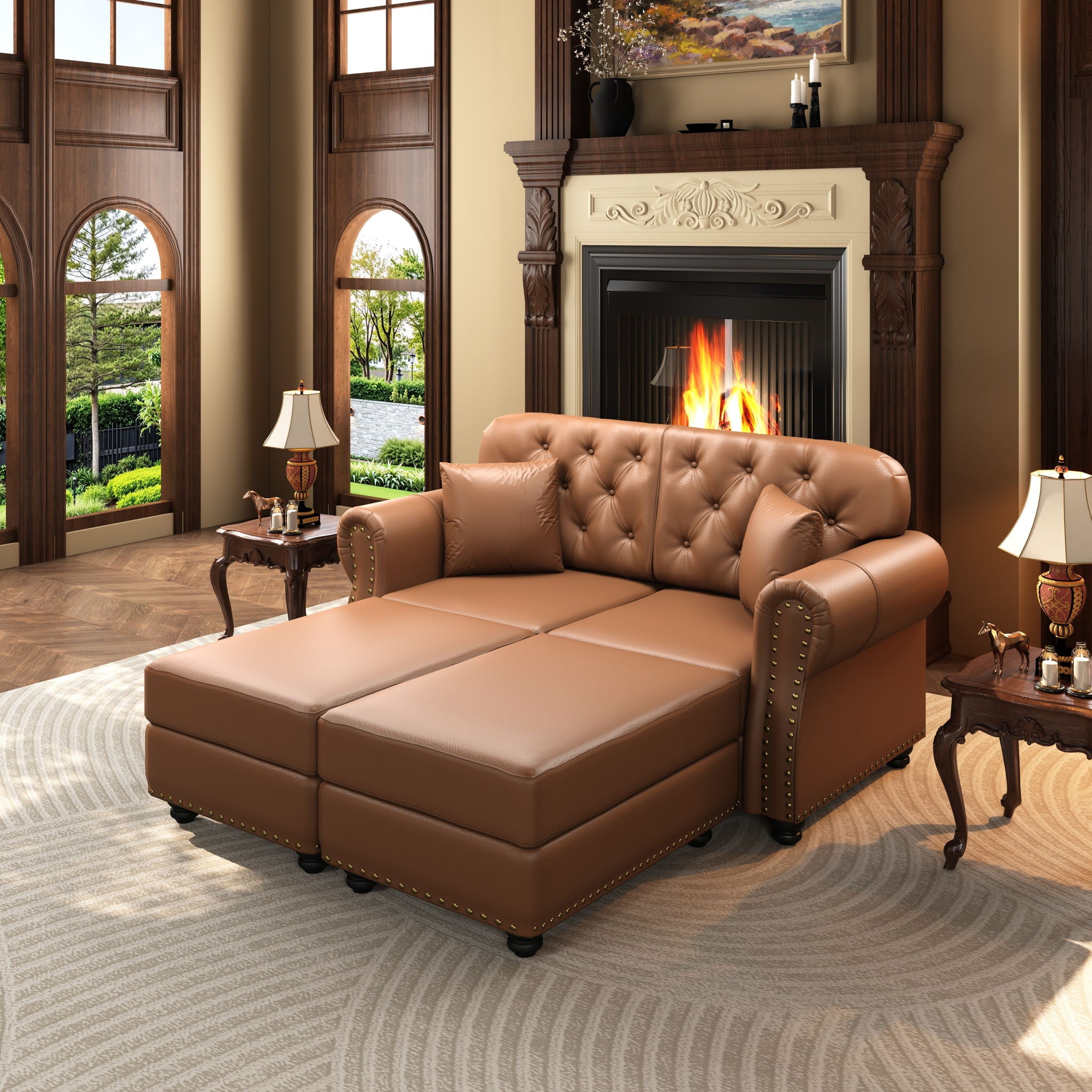 Upholstered Sofa With Nailhead Trim, Rolled Armrests With Ottoman