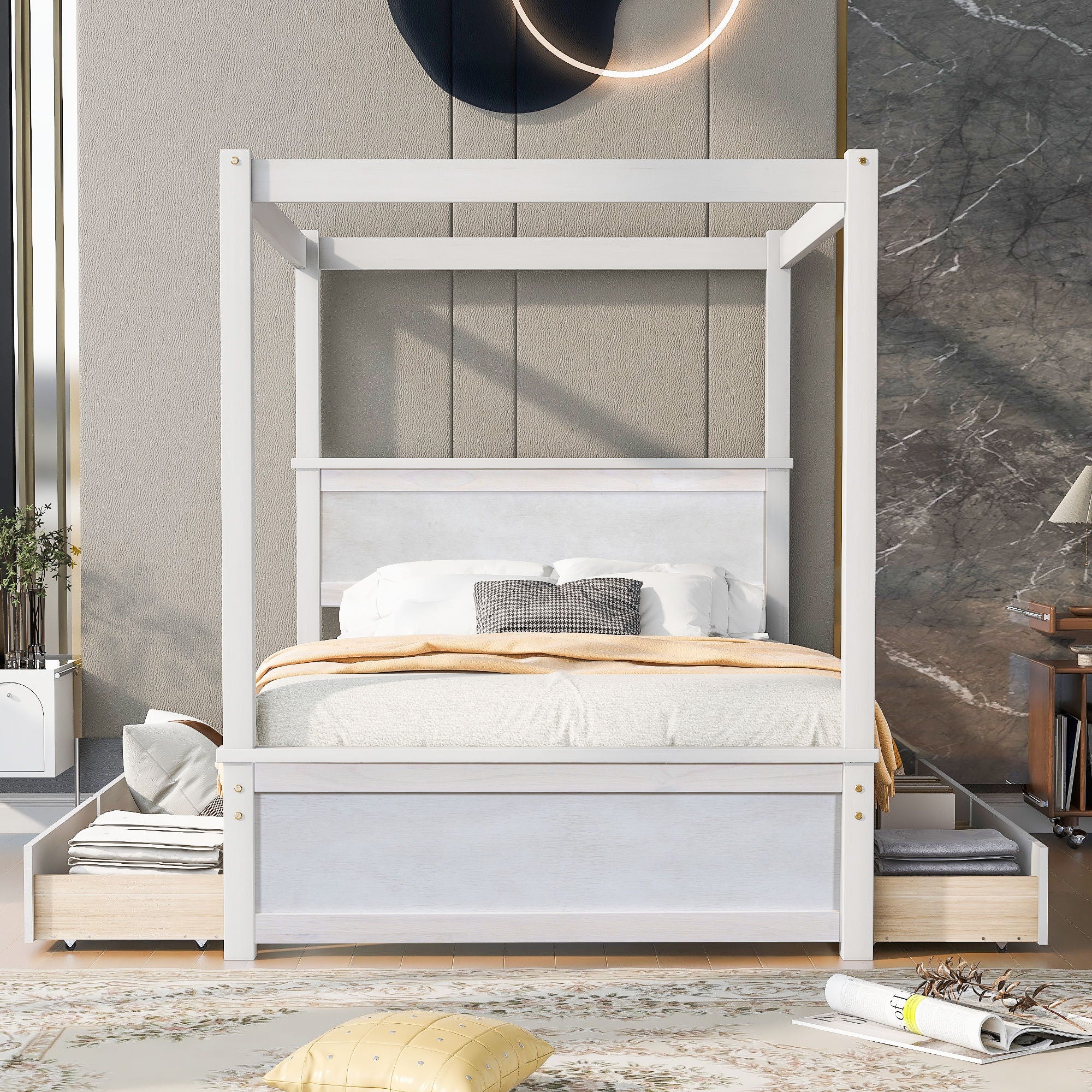 Canopy Platform Bed With Drawers, Support Slats, No Box Spring Needed