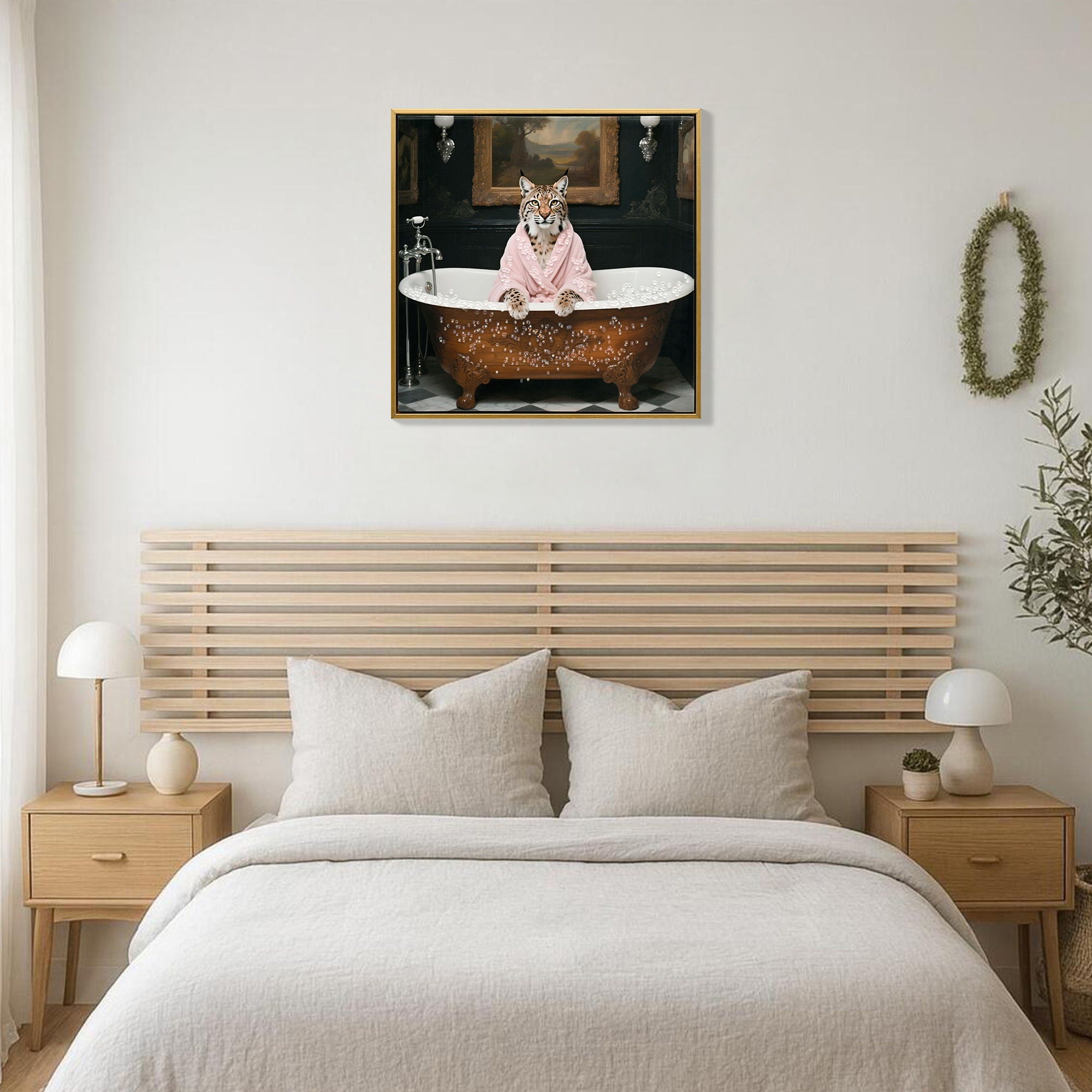 Tiger In Bathtub Wall Art Print Poster, Bathroom Decor Posters Prints For Restroom - Pink / White