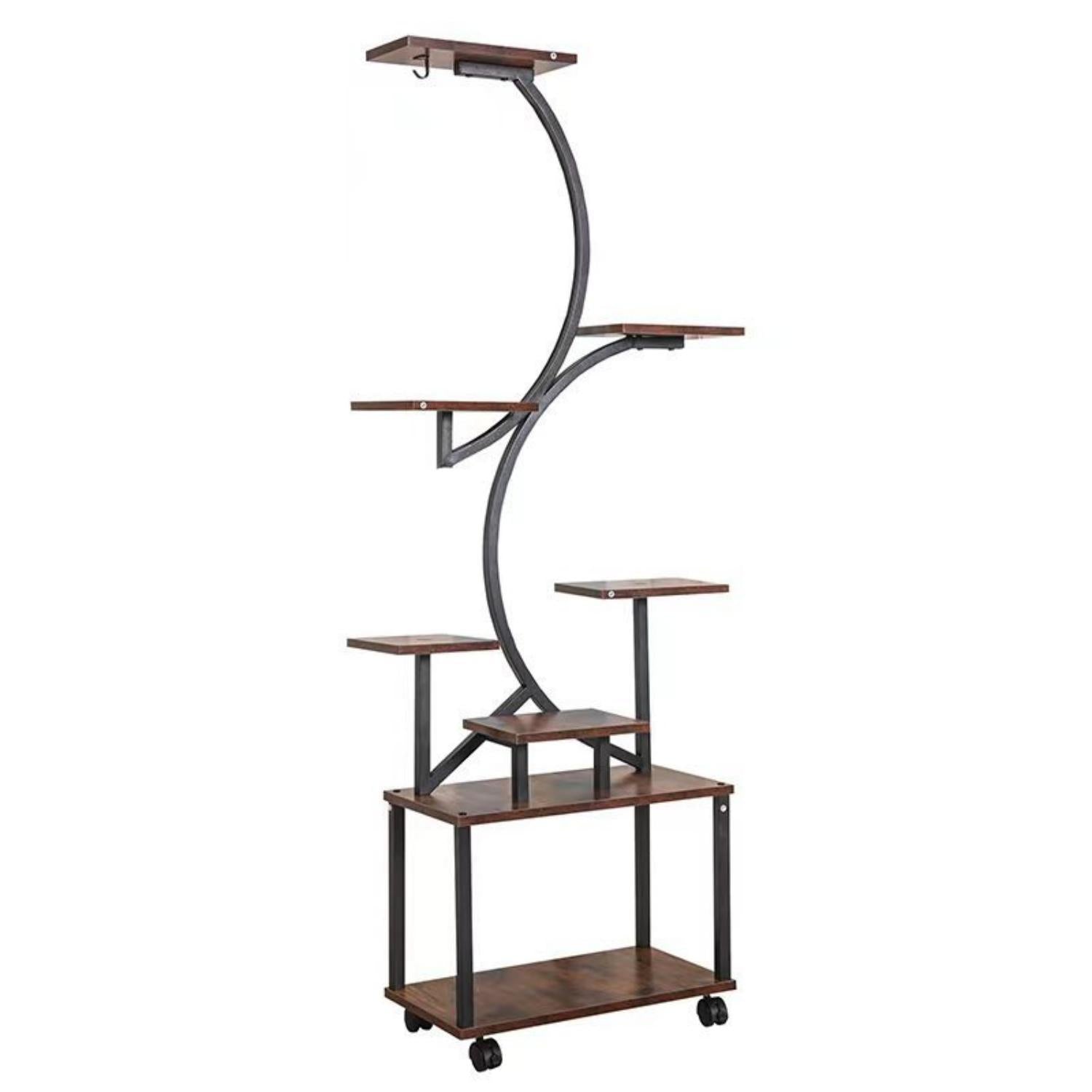 8 Tier Indoor Plant Stand With Grow Lights, S Shaped Metal Shelf For Multiple Plants - Black / Dark Walnut