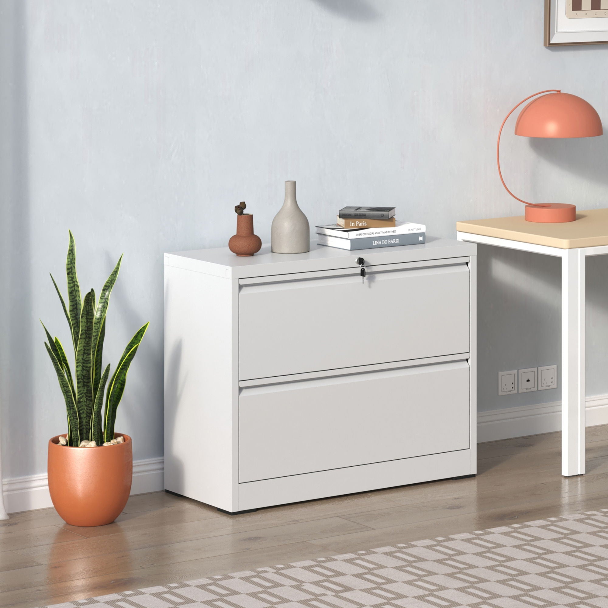Lateral File Cabinet 2 Drawer, Locking File Cabinet With Anti Tip Interlock, Heavy Duty Storage For Letter / Legal / A4 Files - White