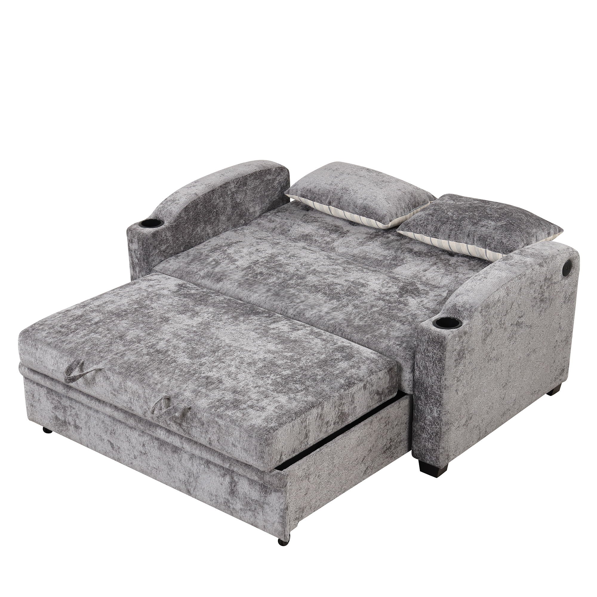 Pull Out Loveseat Sofa With Adjsutable Backrest, 2 Pillows, Cup Holders, USB Ports For Living Room