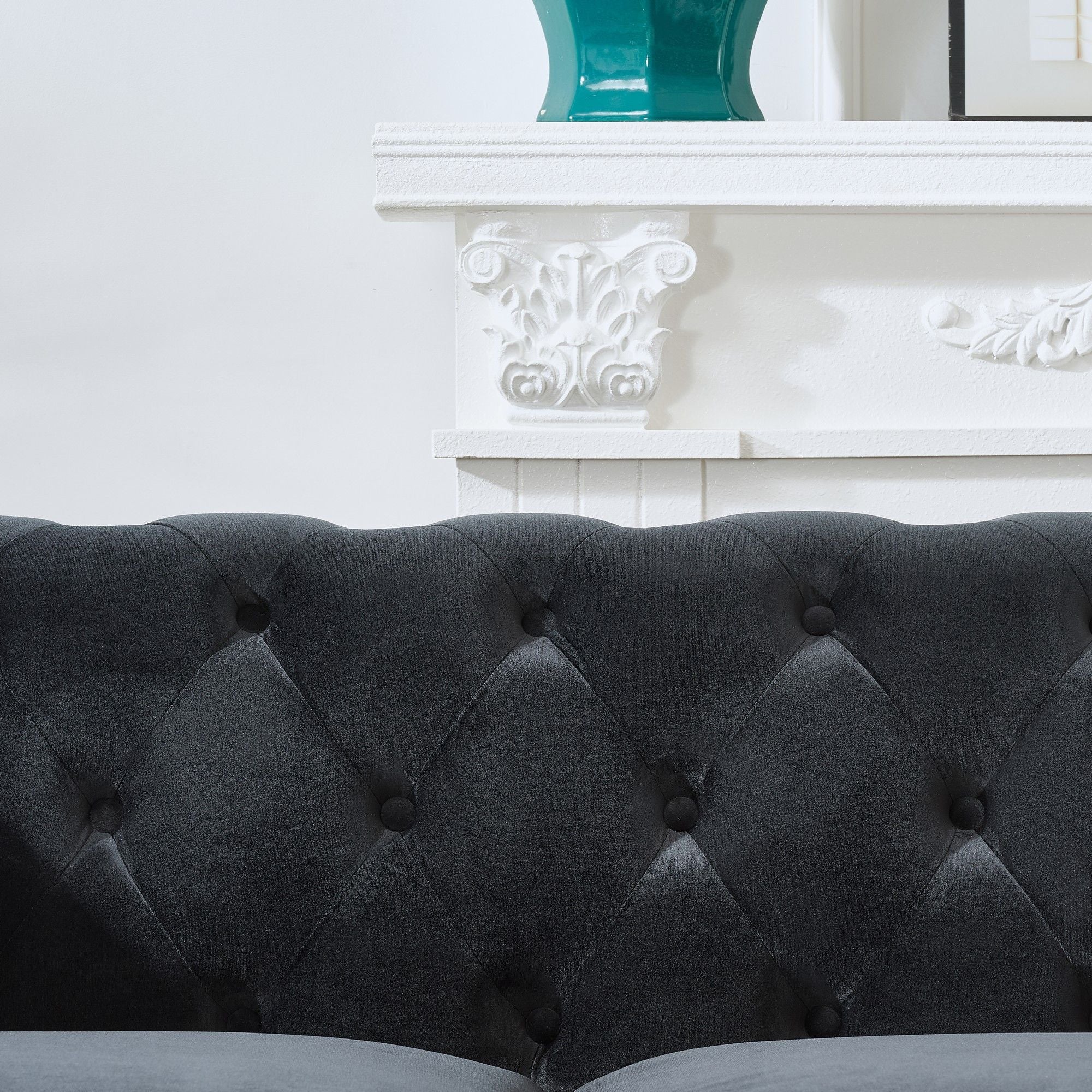 Chesterfield Upholstery Fabric Loveseat With Roll Armrest And Nailhead
