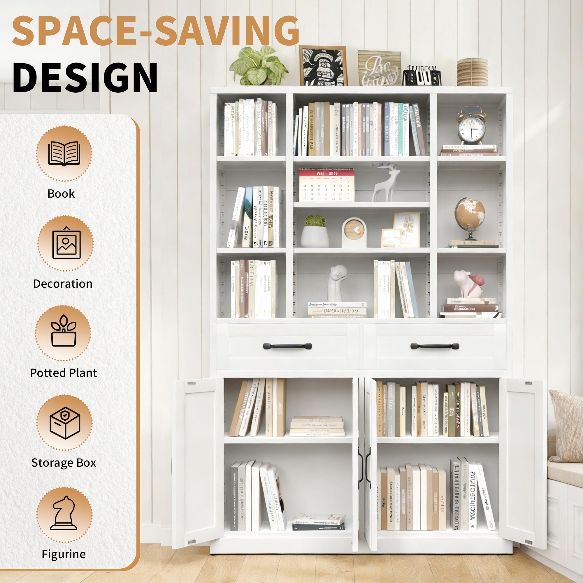 Industrial Bookcase Tall With Adjustable Shelves, Drawers & Doors