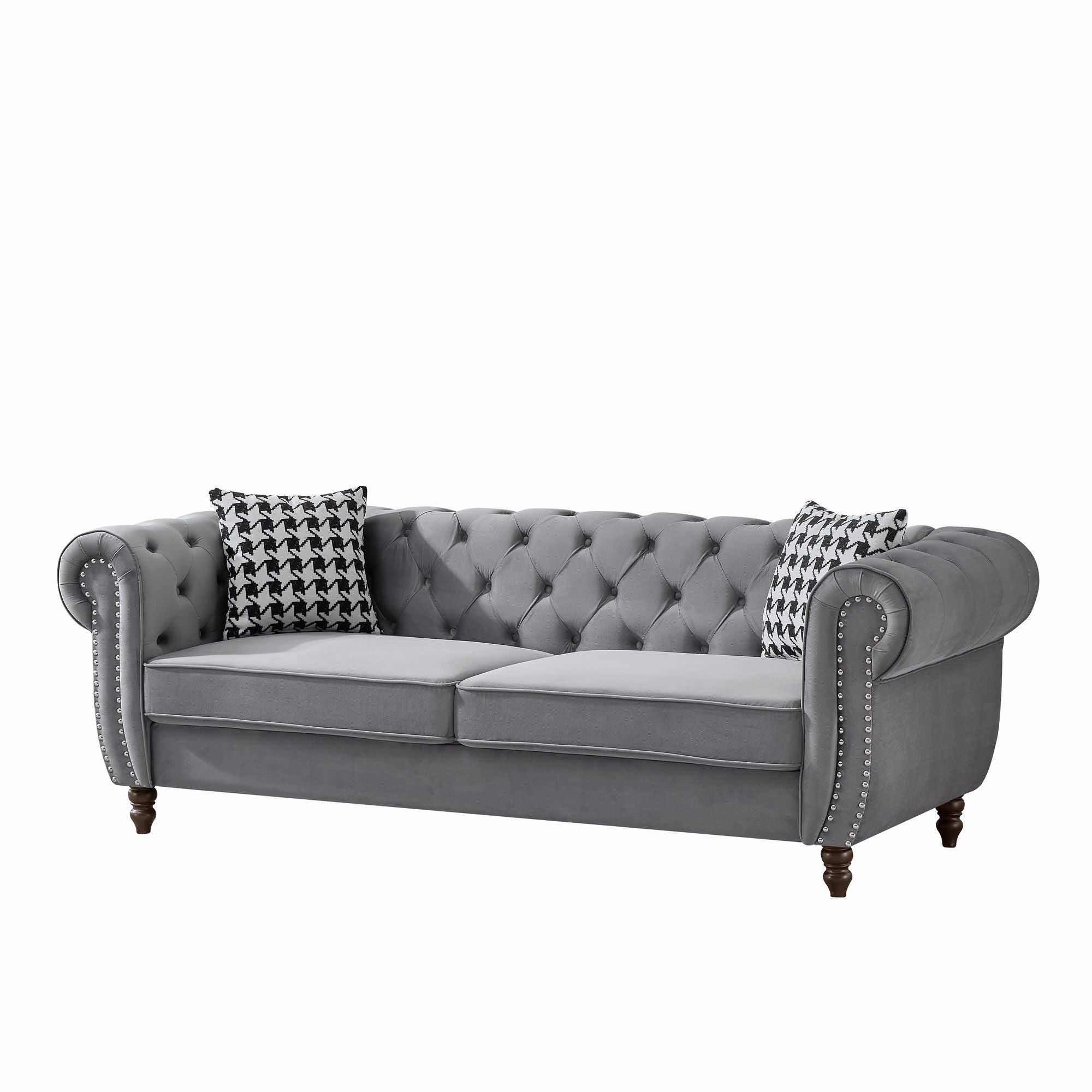 Chesterfield Upholstery Fabric Sofa With Roll Armrest & Nailhead