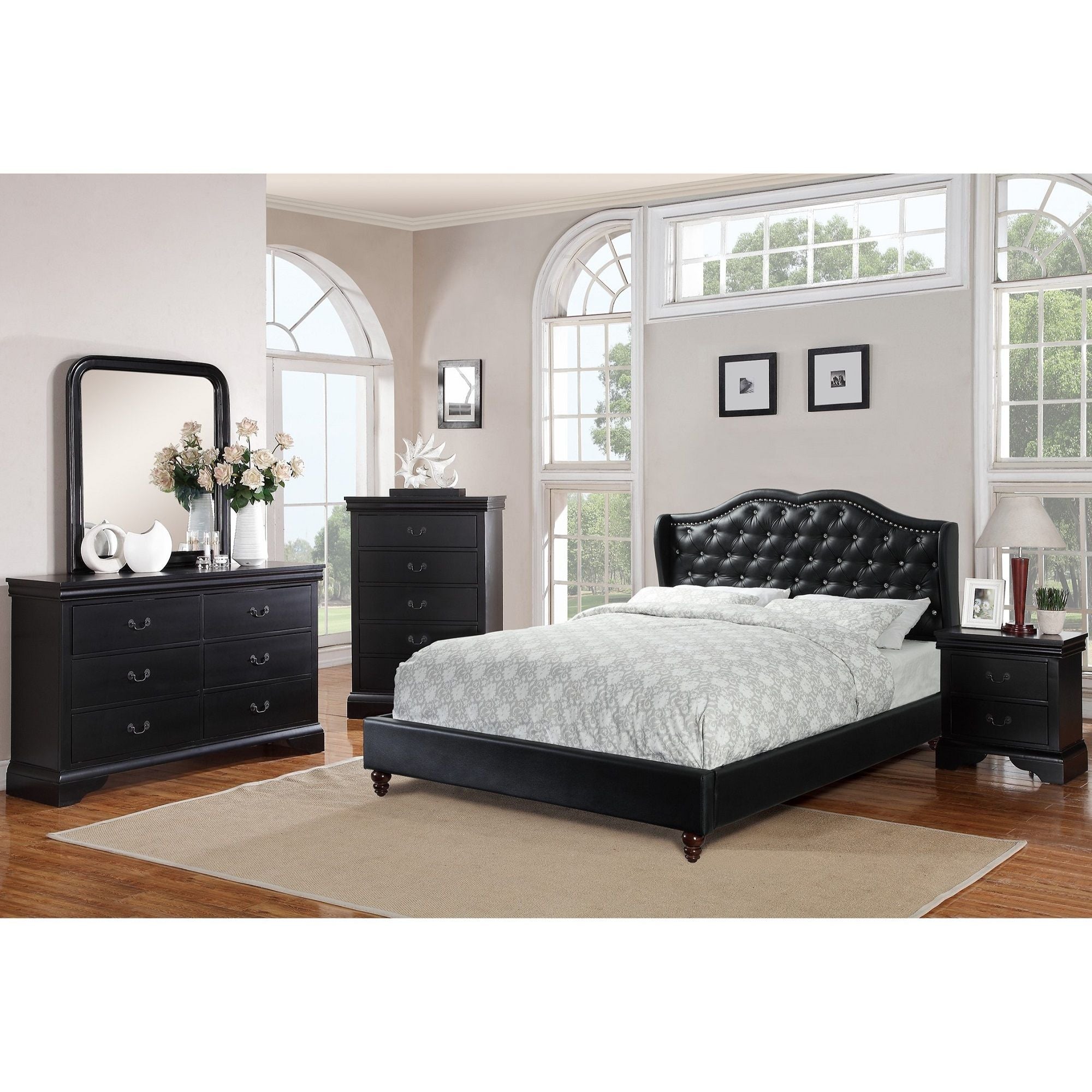Bed With Curved Wingback Headboard, Button Tufted Upholstered