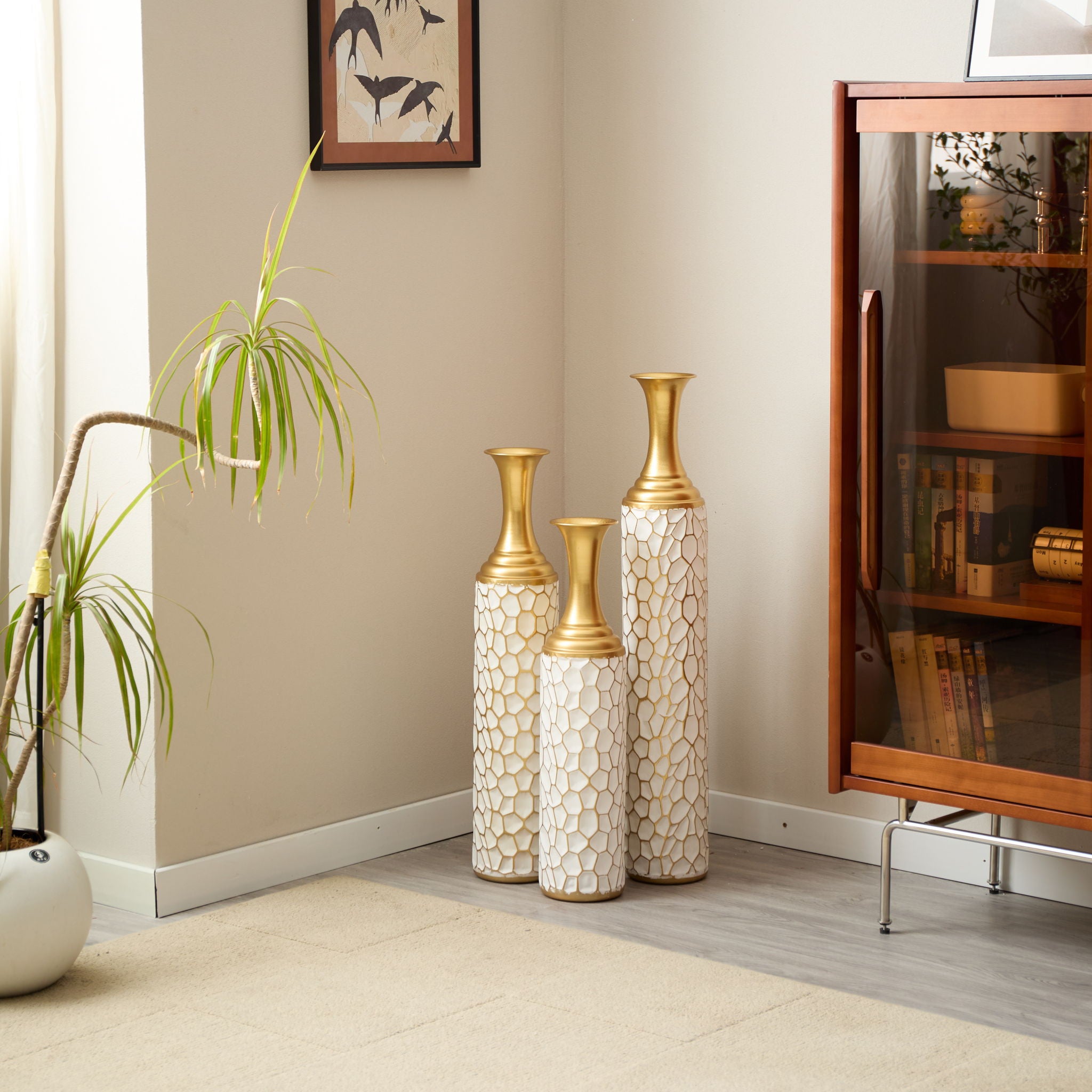 Floor Metal Vase Modern Style Decoration Home Metal Vase (Set of 3) Gorgeous Home Decoration Large Glazed Metal Vases - Gold / White