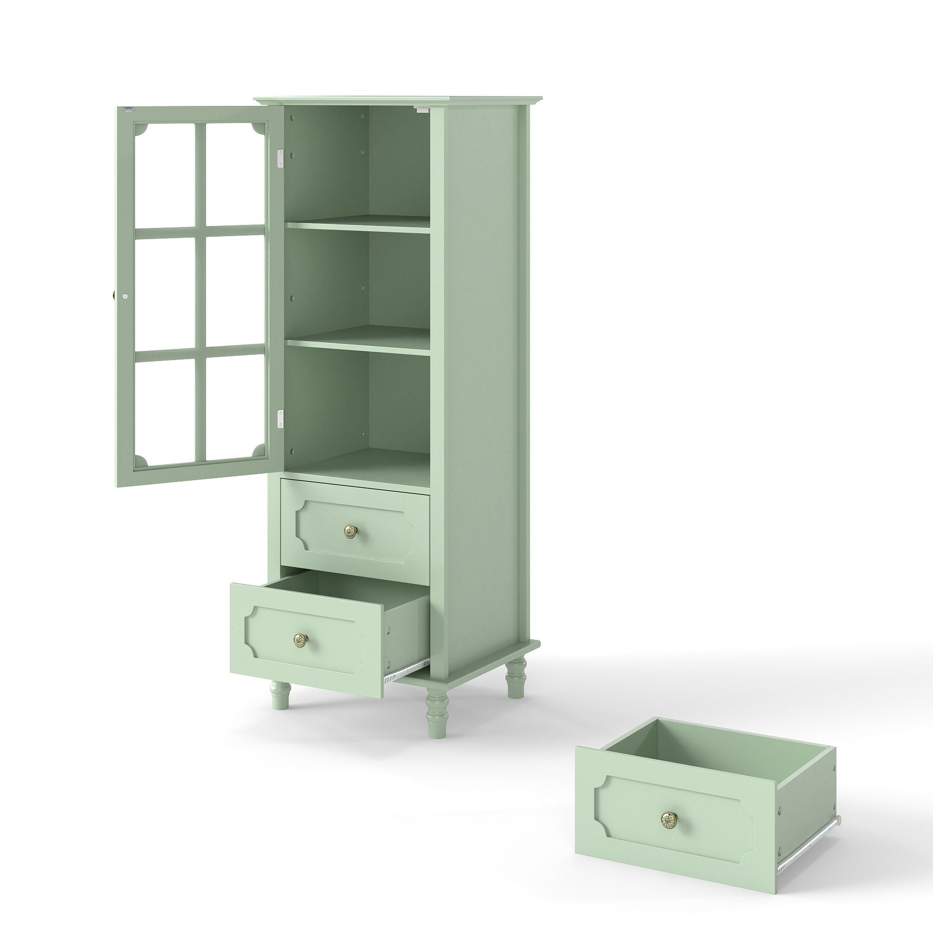 Minimalism Buffet Cabinet With Glass Doors And Double Drawer