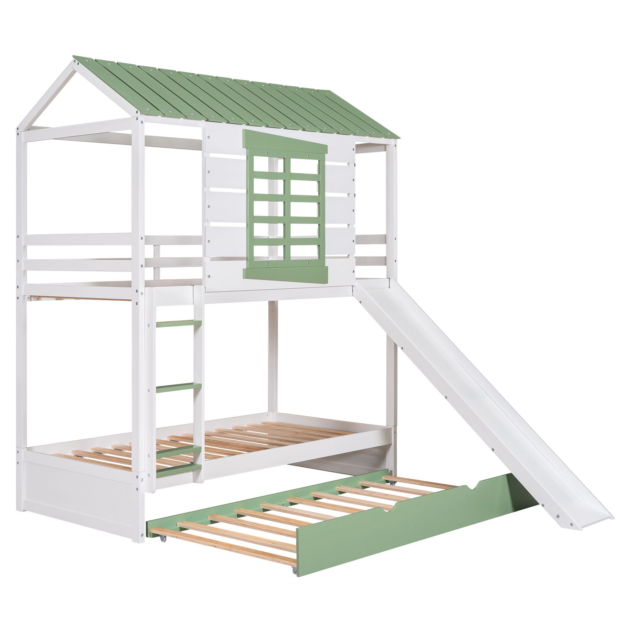 Twin Over Twin House Bunk Bed With Convertible Slide And Trundle - White