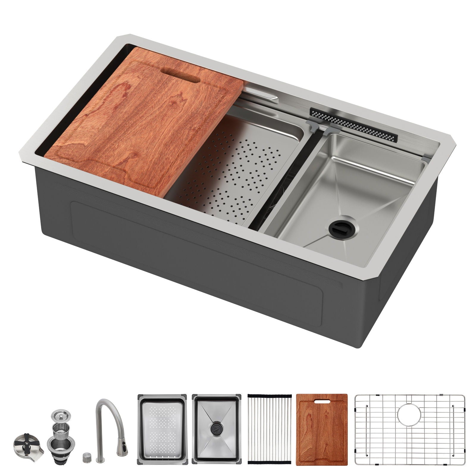 Undermount Stainless Steel Kitchen Sink With Pull Down Faucet & Ledge Workstation