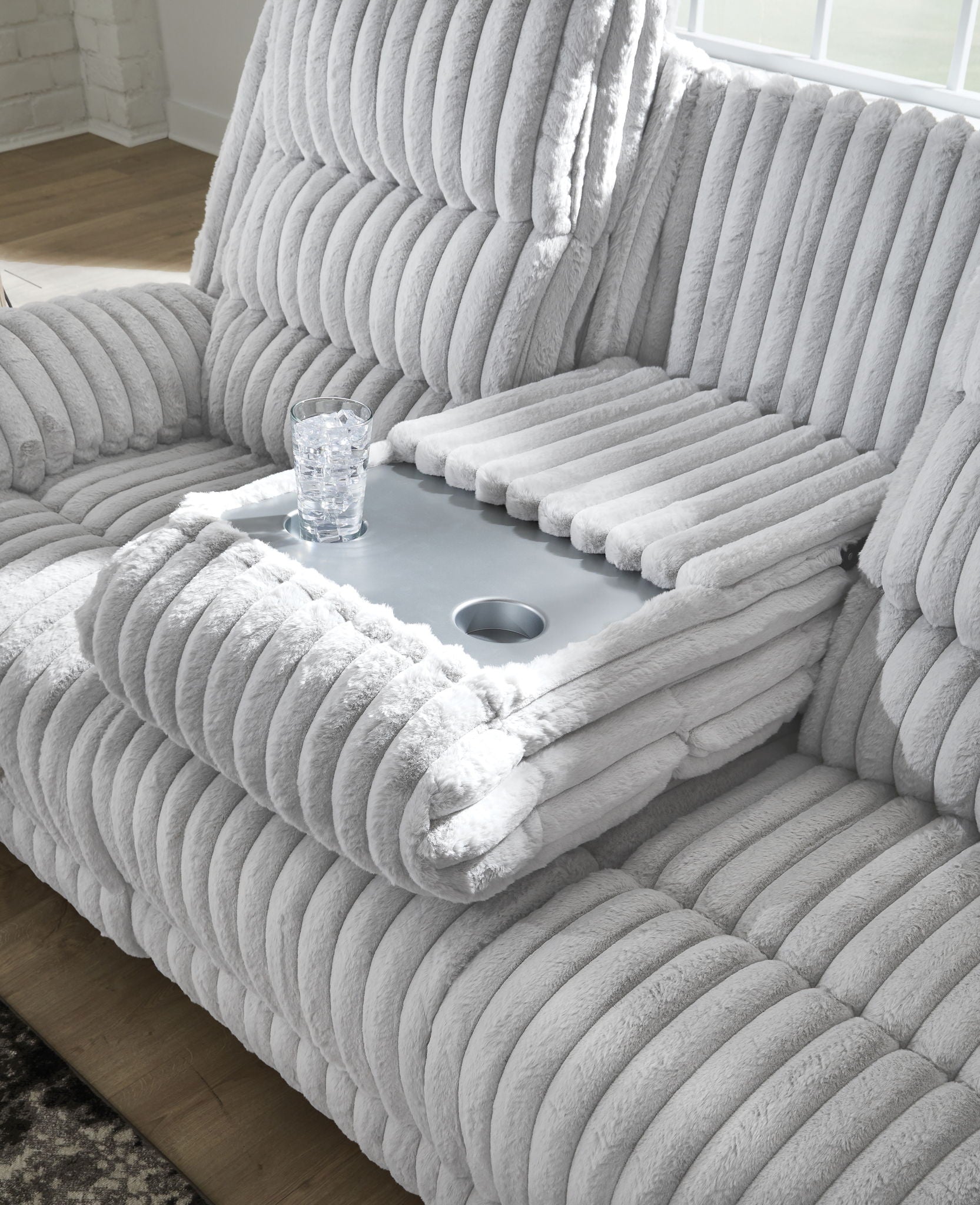 Rhines Falls - Reclining Power Sofa With Drop Down Table - Alloy