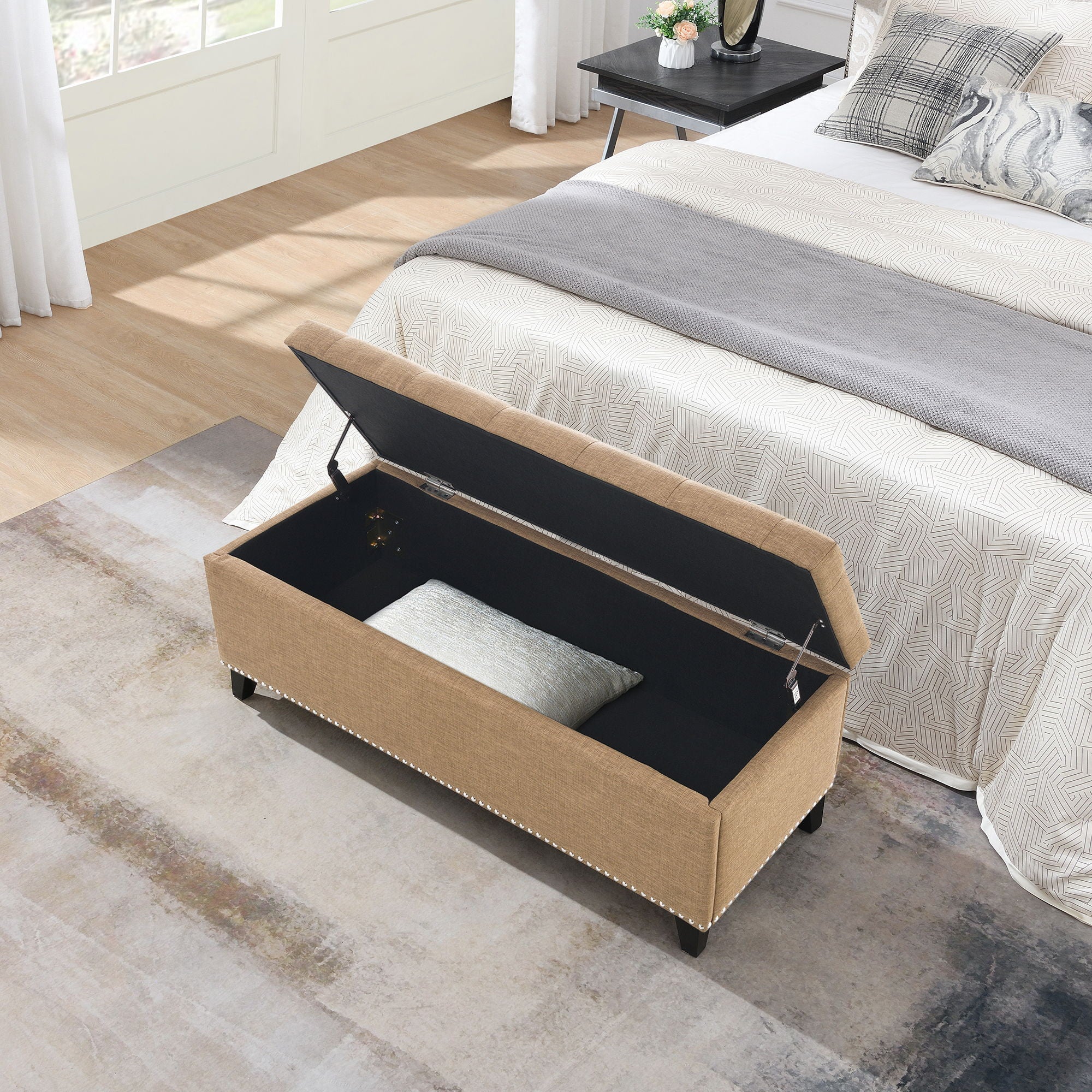 Button-Tufted Storage Ottoman With Safety Close Hinge