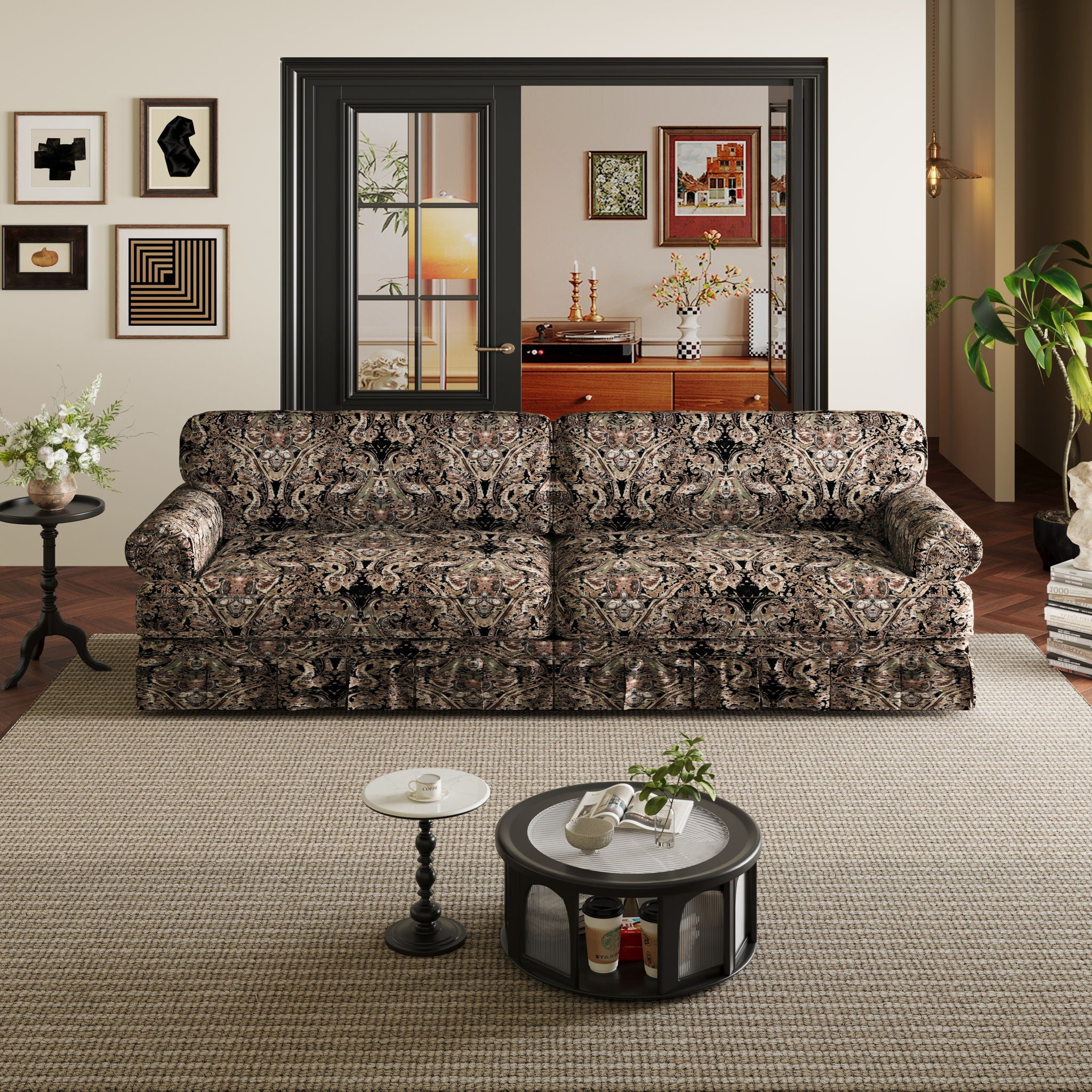 Luxuriously Comfortable Cloud Couch Sofa With Elegant Rolled Arms & Pleated Skirt Design