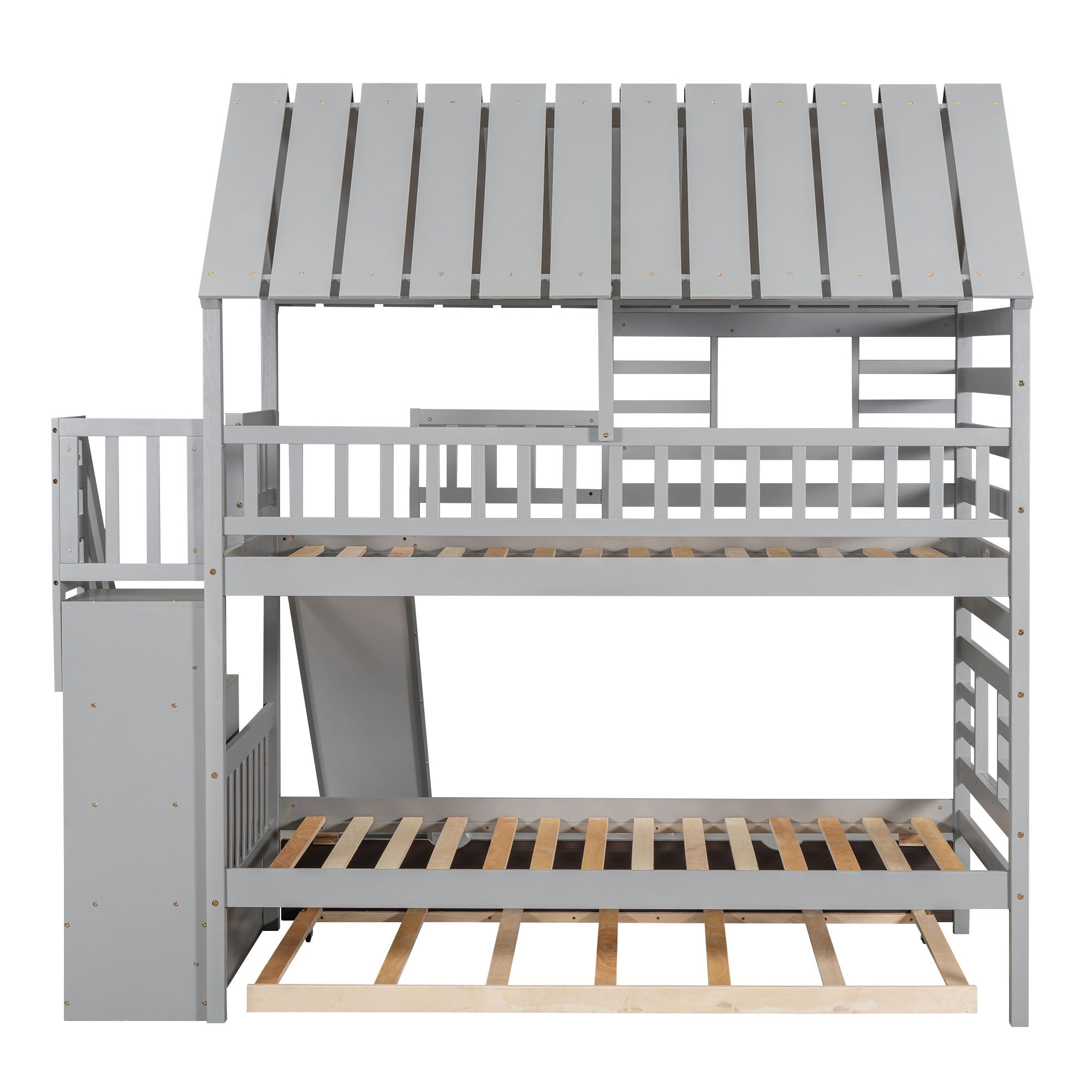 House Bunk Bed With Trundle, Storage Staircase, Roof And Window Design
