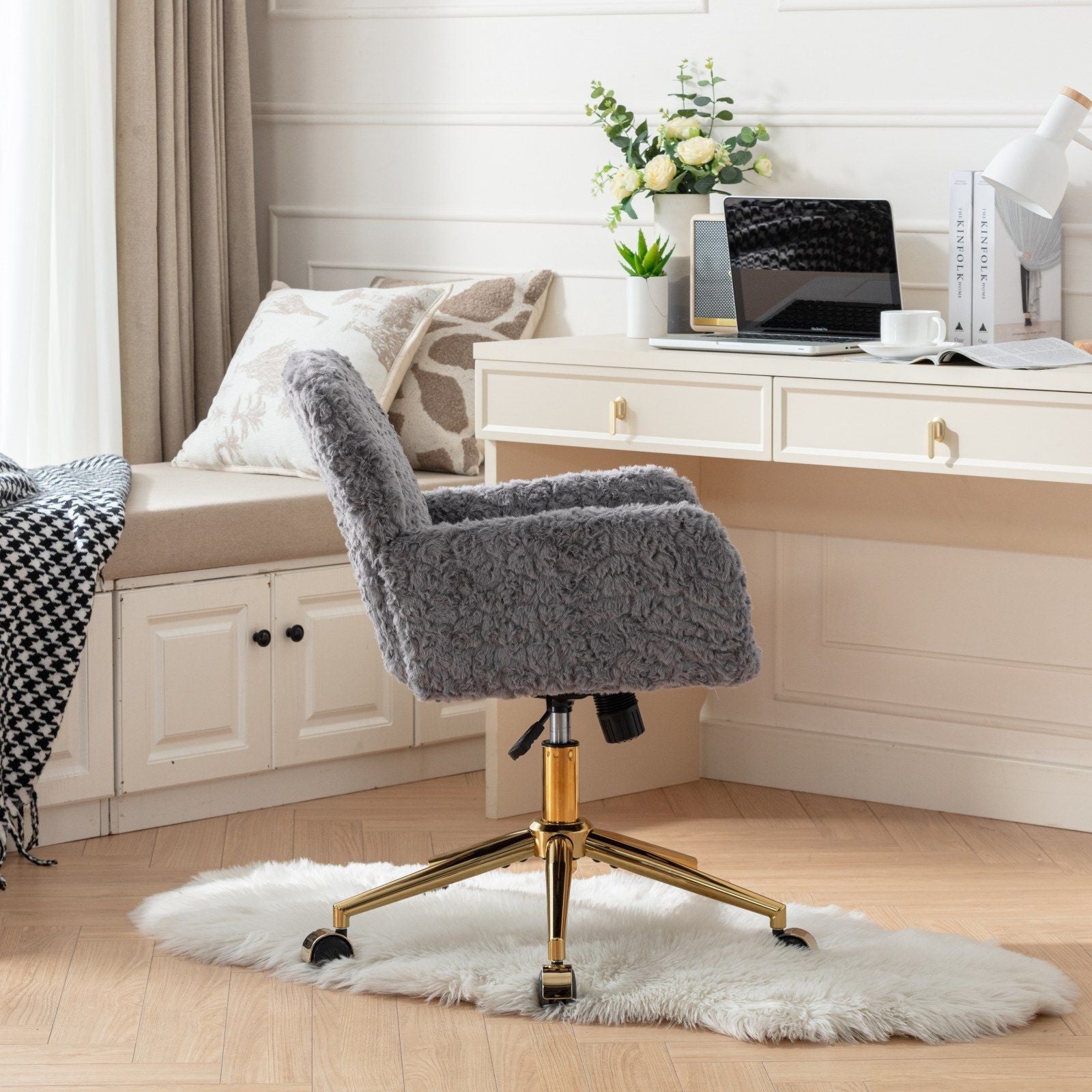 Office Chair, Artificial Rabbit Hair Home Office Chair With Metal Base, Adjustable Desk Chair Swivel Office Chair, Vanity Chair