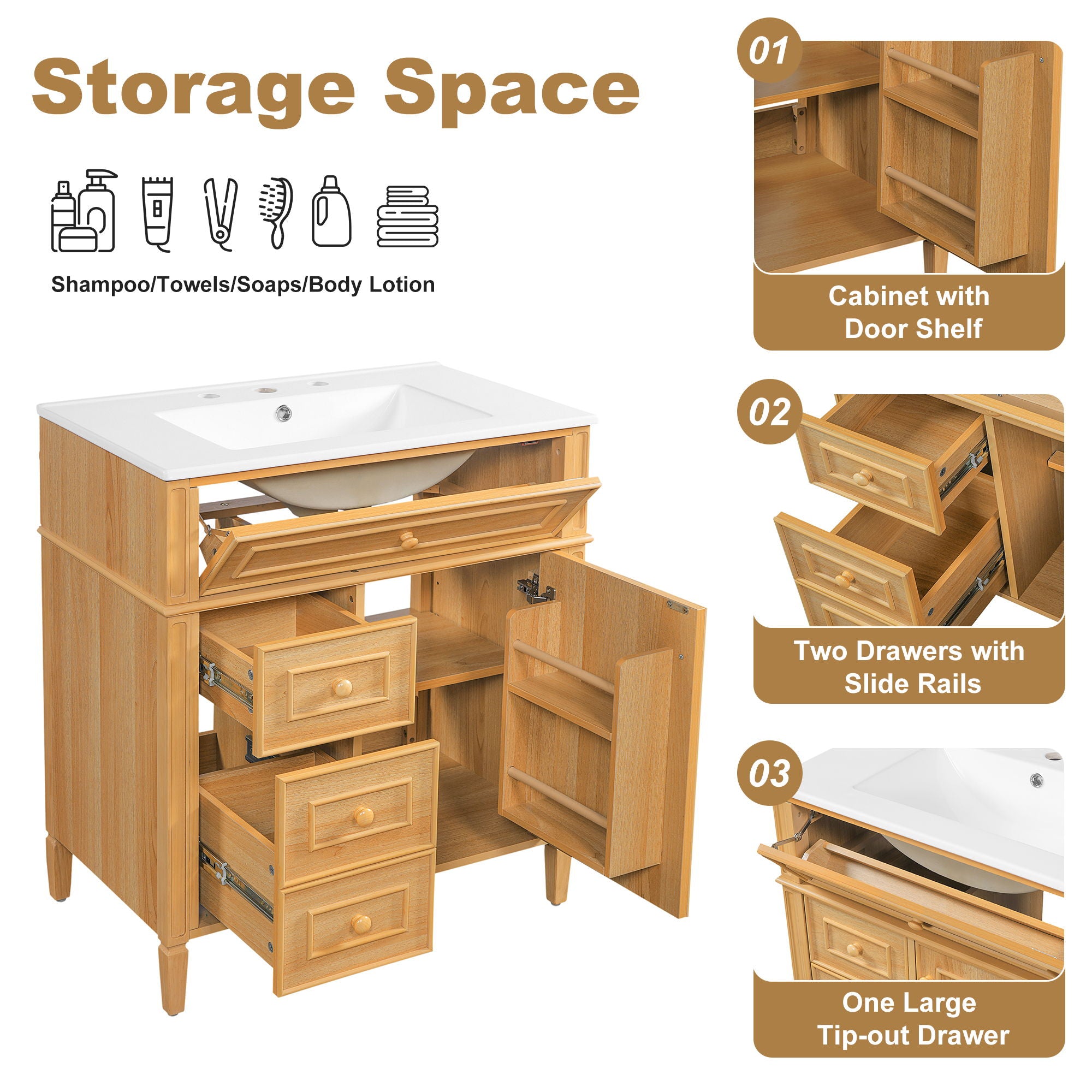 Bathroom Vanity With Flip Out Drawer, 2 Soft-Close Drawers