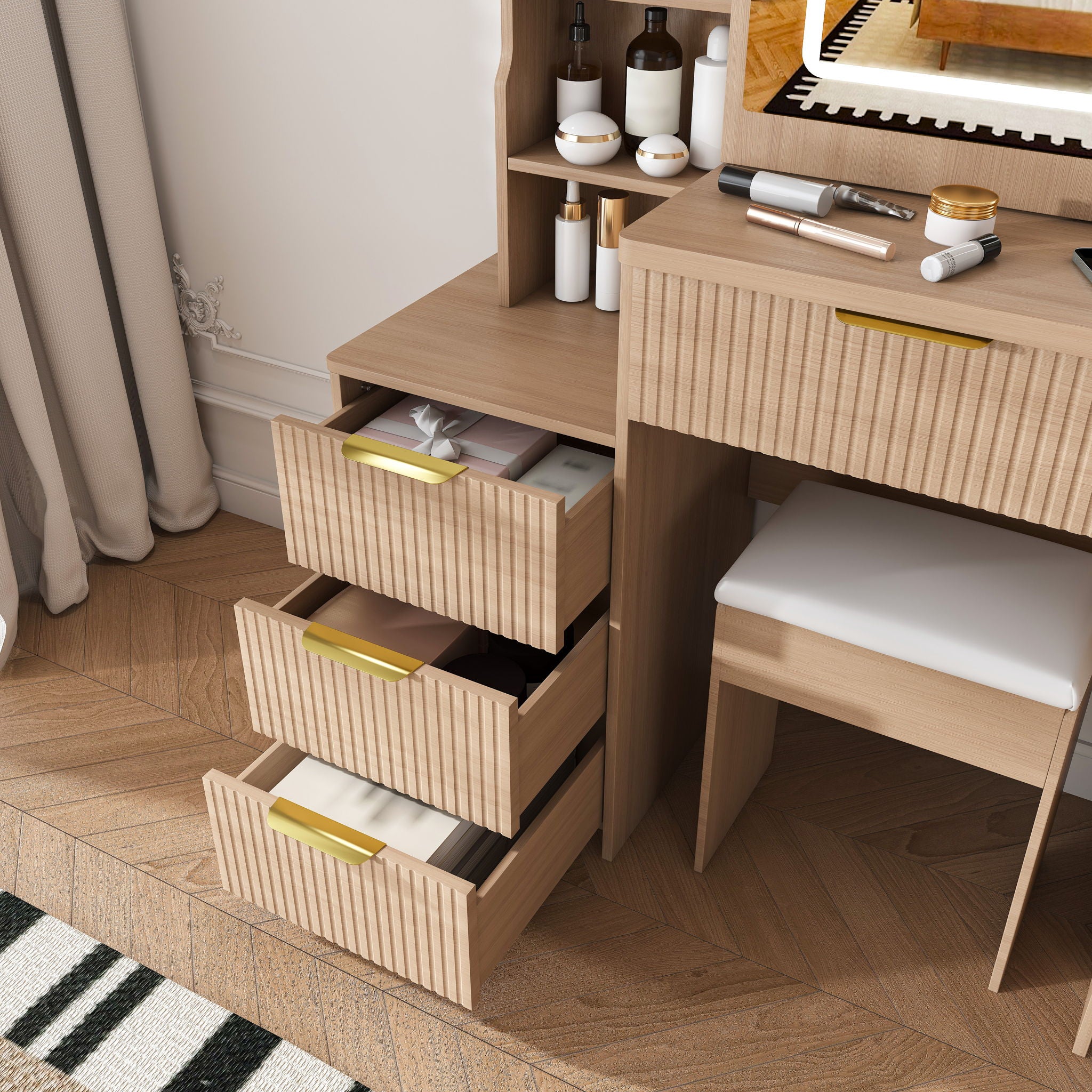 Modern Vanity Desk With 3 LED Lighting Modes, 4 Drawers