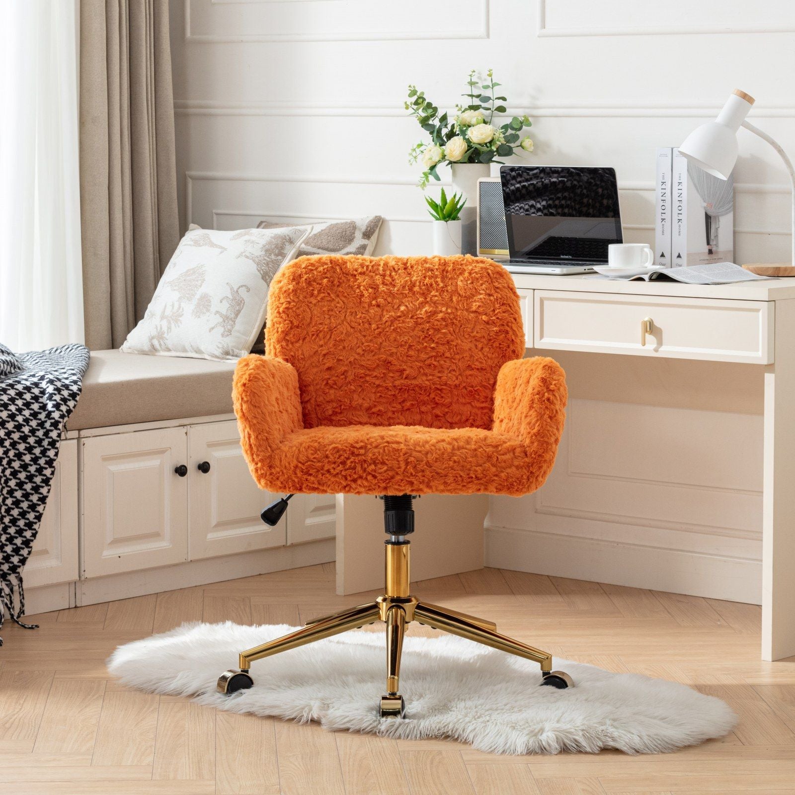 Office Chair, Artificial Rabbit Hair Home Office Chair With Metal Base, Adjustable Desk Chair Swivel Office Chair, Vanity Chair