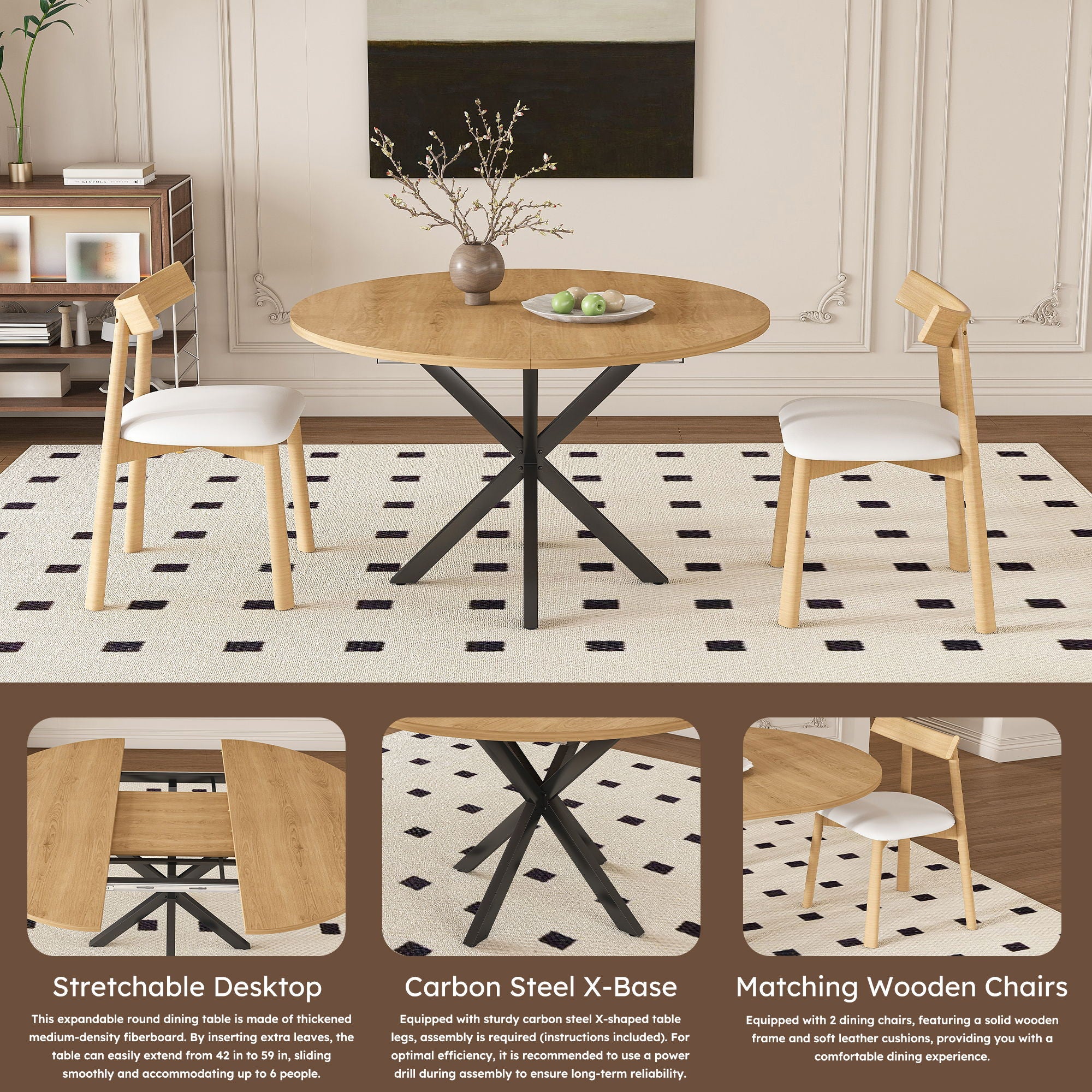 Modern Extendable Round Dining Table Set, Table With Chairs
