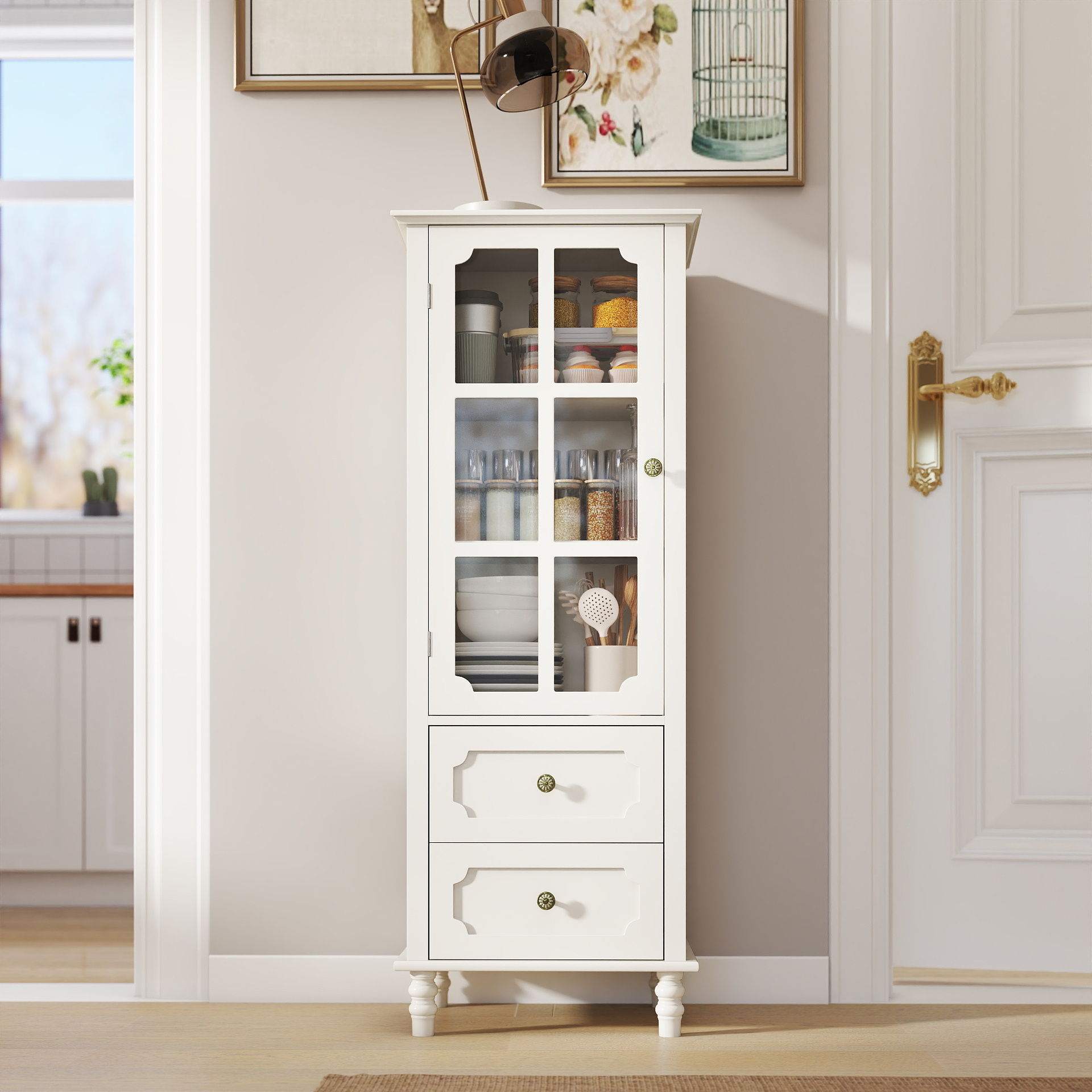 Minimalism Buffet Cabinet With Glass Doors And Double Drawer