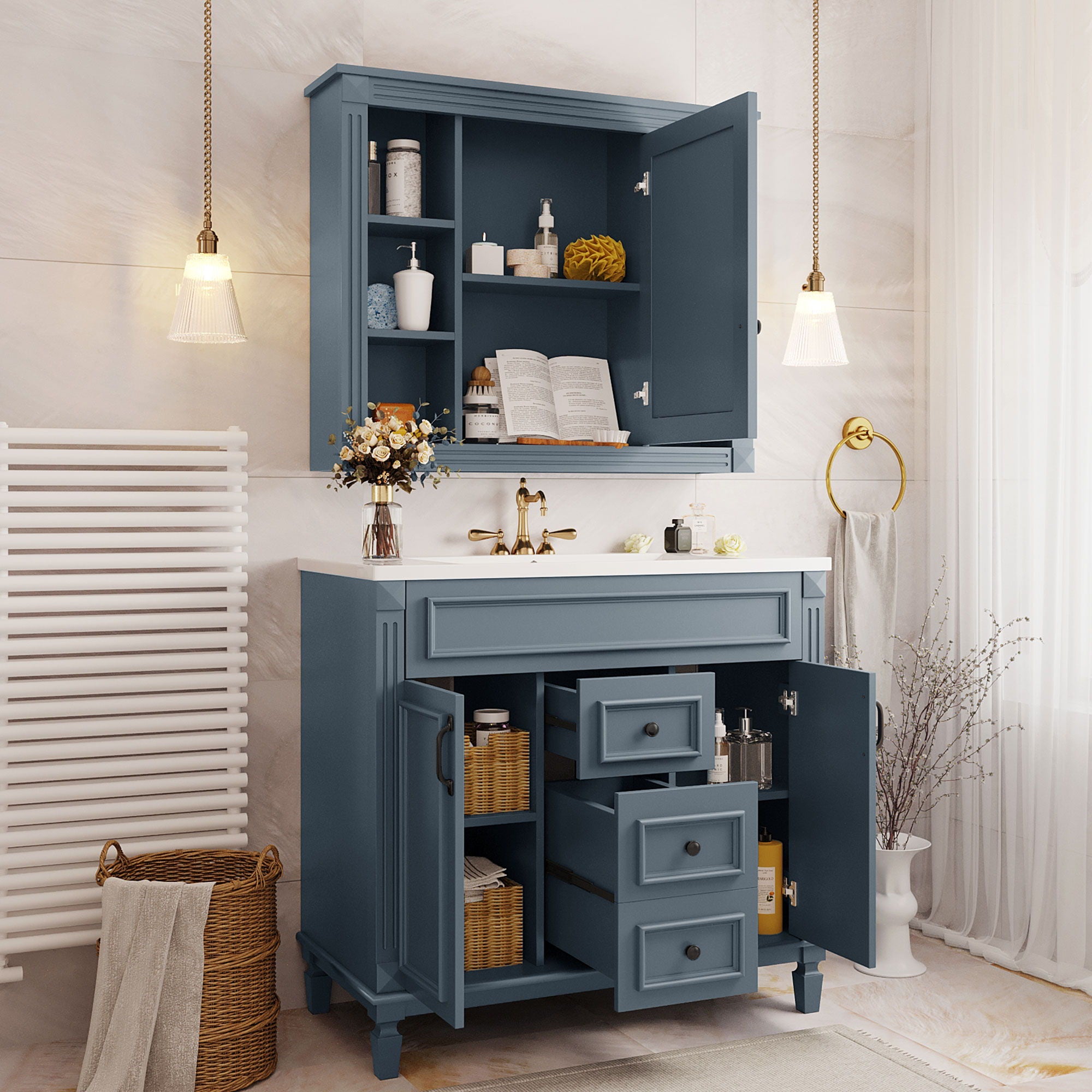 Bathroom Vanity With Top Sink, Mirror Cabinet, 2 Soft Closing Doors & 2 Drawers