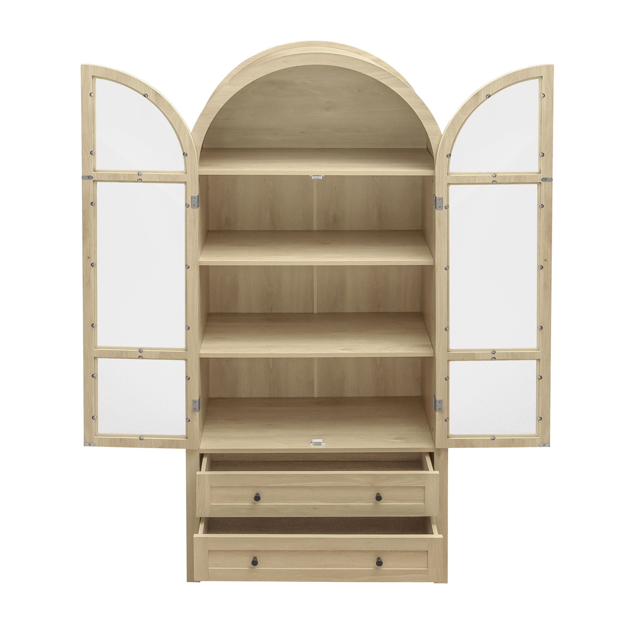 Tall Arched Kitchen Pantry, Modern Farmhouse Wood Kitchen Storage Cabinets, Arched Storage Display Cabinet With Adjustable Shelves, Versatile Cupboard For Kitchen, Dining Room, Living Room - Natural