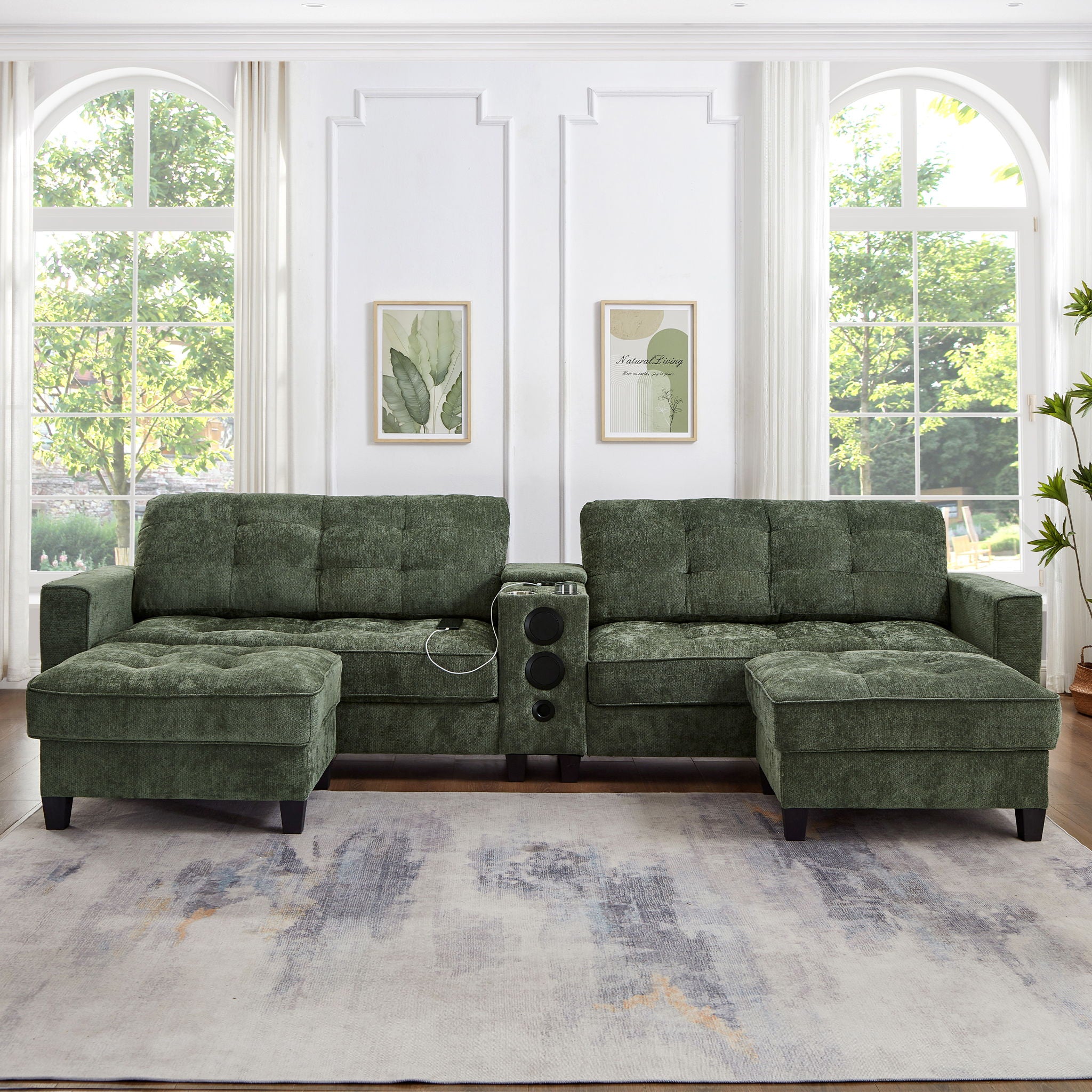 Modern Sectional Sofa U-Shaped With Movable Ottomans, tooth Speakers, LED Lights And Modular Storage