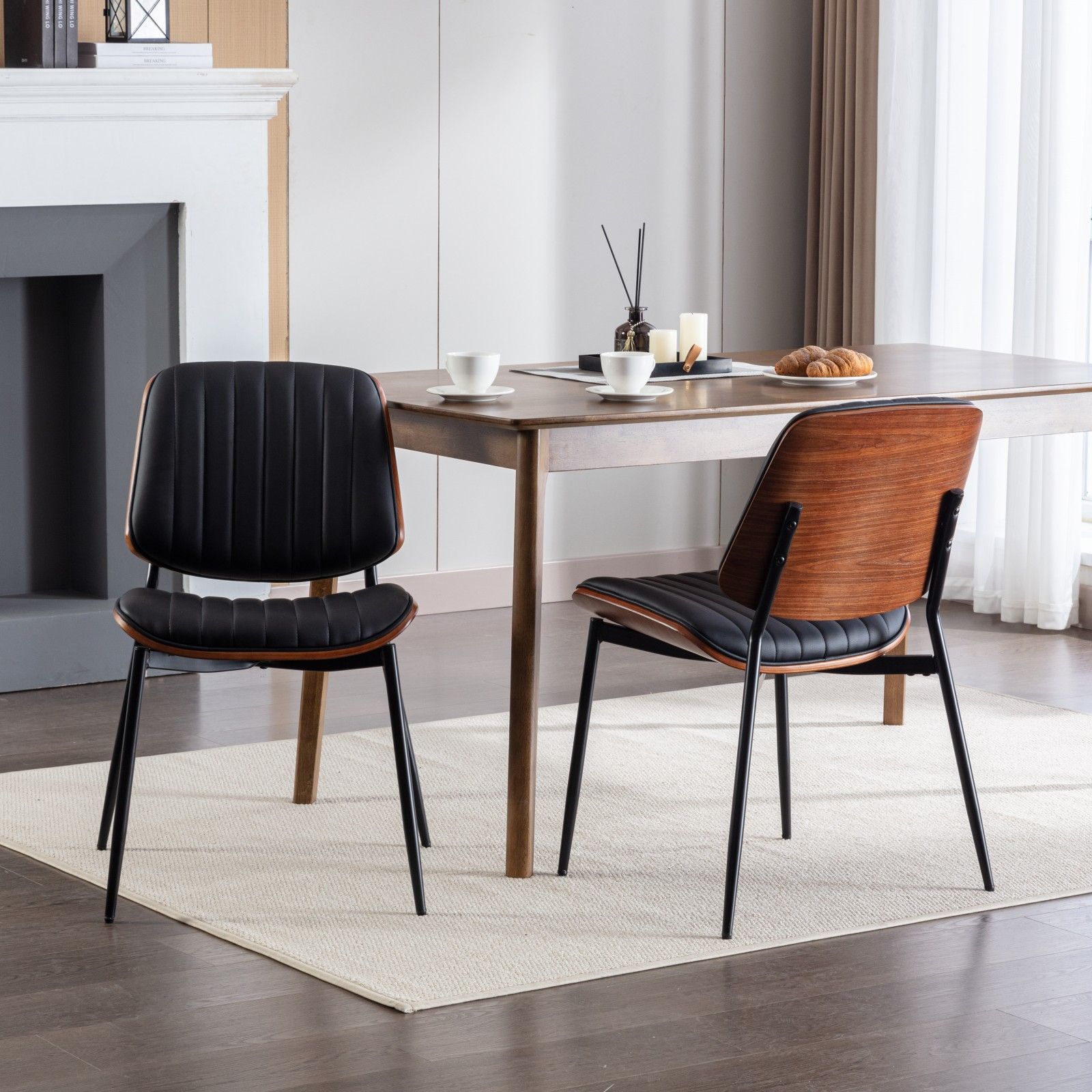 Dining Chairs (Set of 2) Mid-Century Modern Retro Chair With Walnut Bentwood Back Upholstered Seat Metal Legs Adjustable Foot For Kitchen Dining Room Chairs