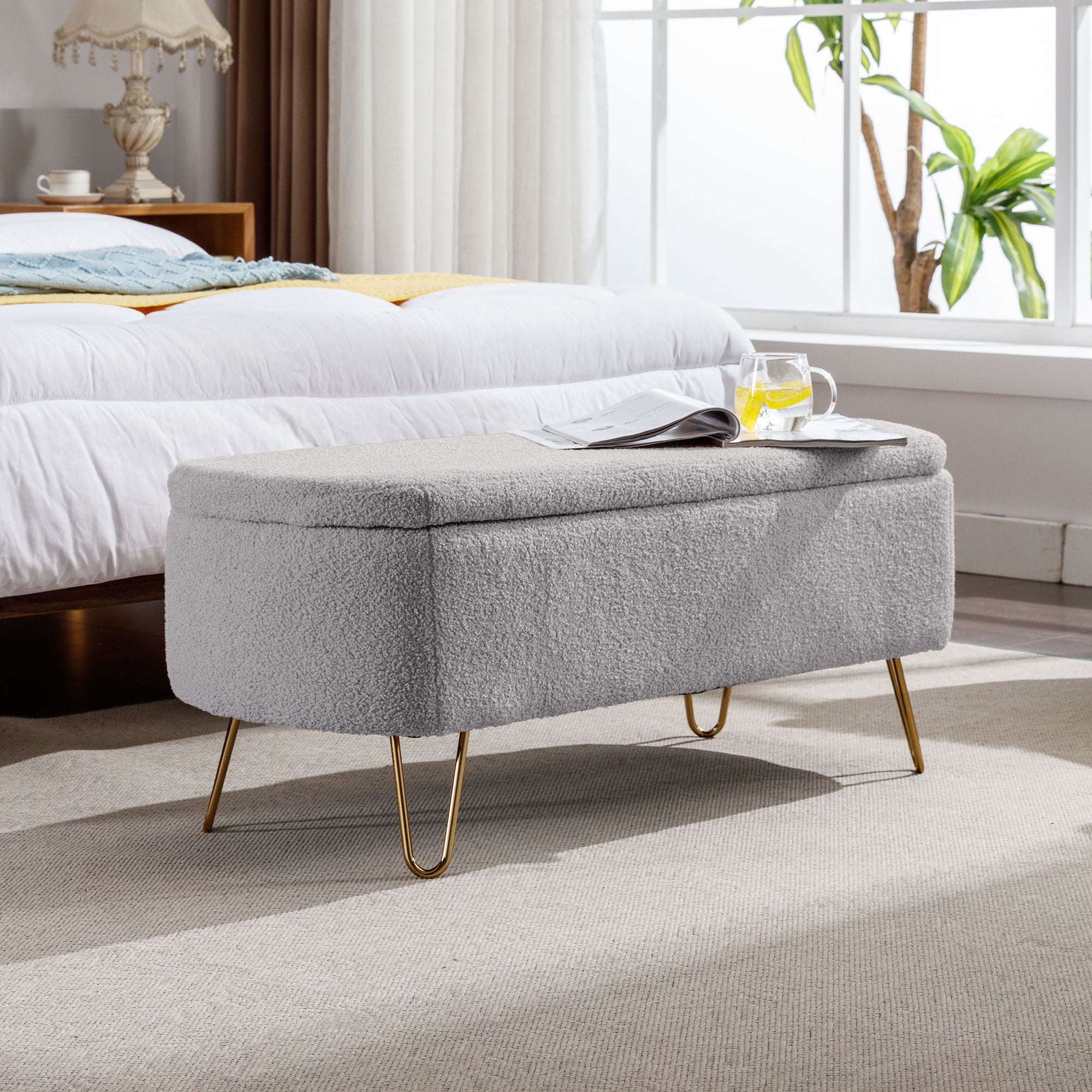 Storage Ottoman Bench For End Of Bed Legs, Modern Camel Faux Fur Entryway Bench Upholstered Padded With Storage For Living Room Bedroom