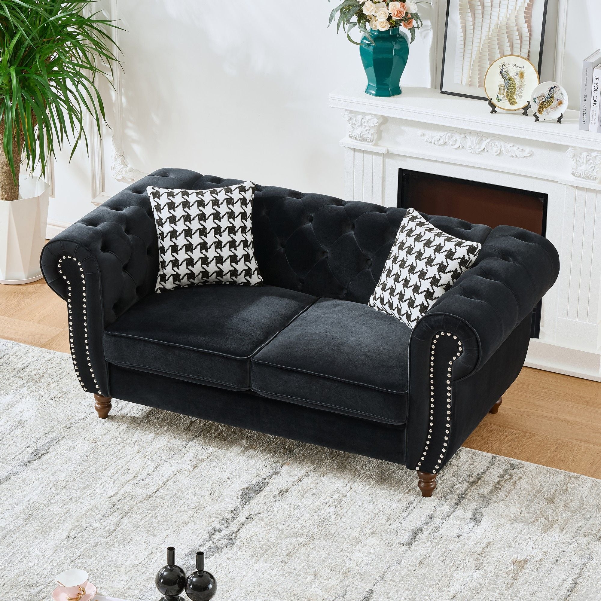 Chesterfield Upholstery Fabric Loveseat With Roll Armrest And Nailhead