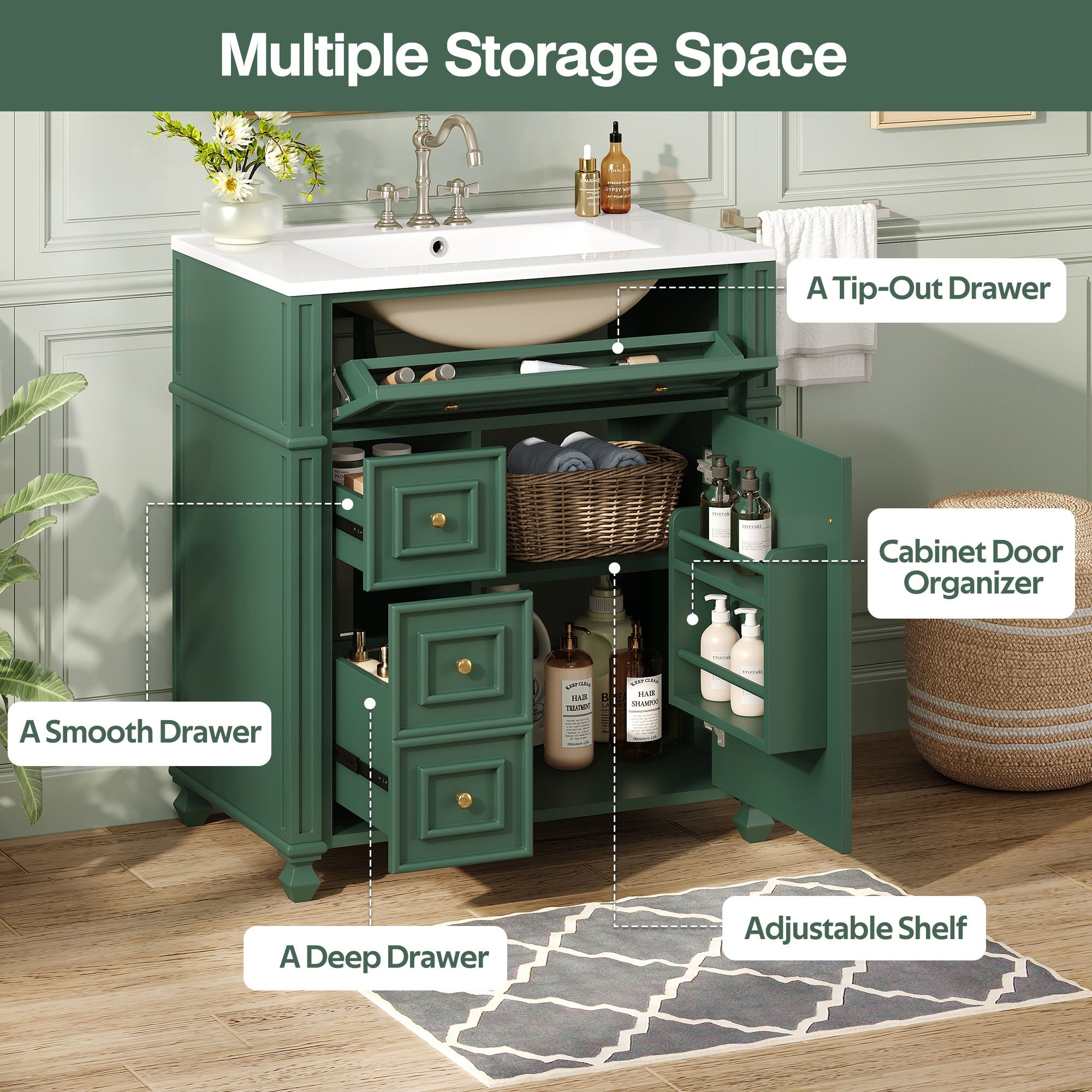 Bathroom Vanity Cabinet With Sink, Soft Close Doors With Door Organizer