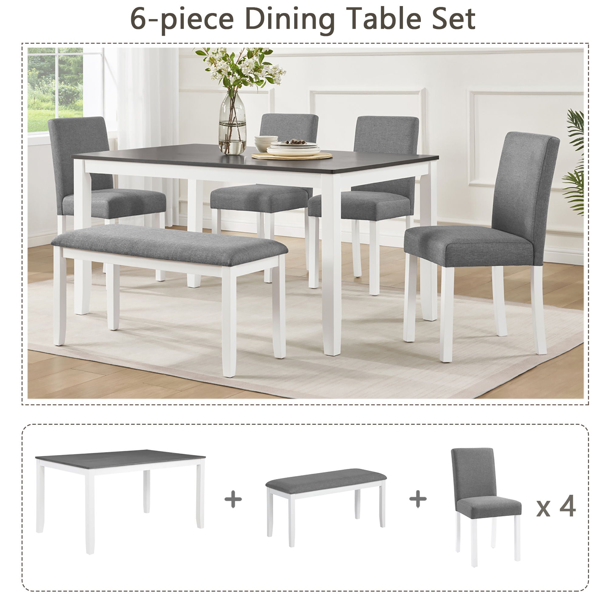 6 Piece Dining Table Set With Bench And Chairs