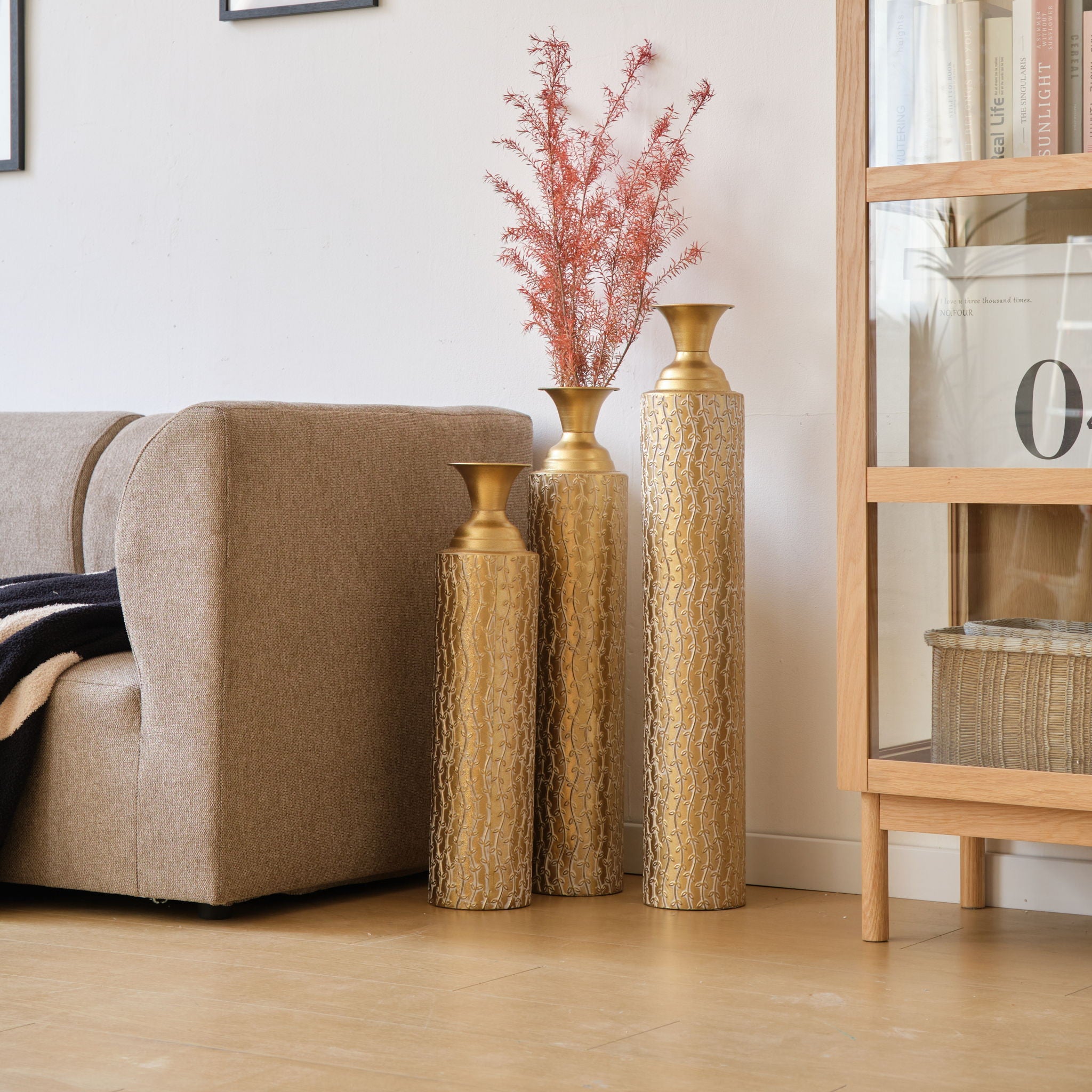 Metal Decorative Vases High Distress Metal Center Vases With Growing Vine Patterns, (Set of 3) Vases For Home Decoration - Gold