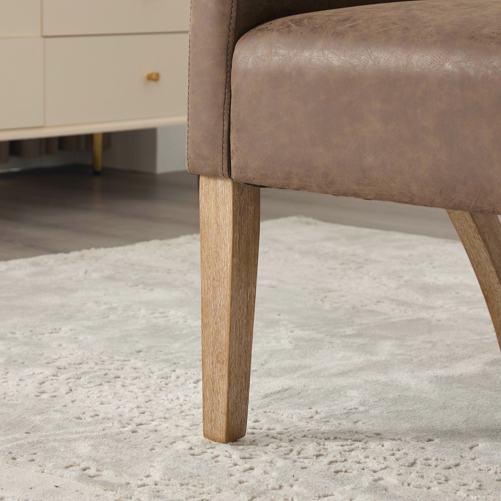Upholstered Open Back Armchair With Weathered Rubberwood Legs