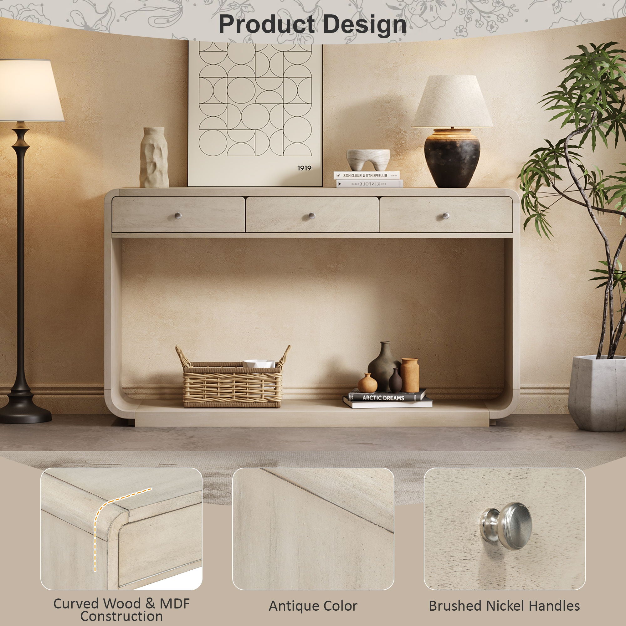 onsole Table With 3 Drawers And Display Shelf