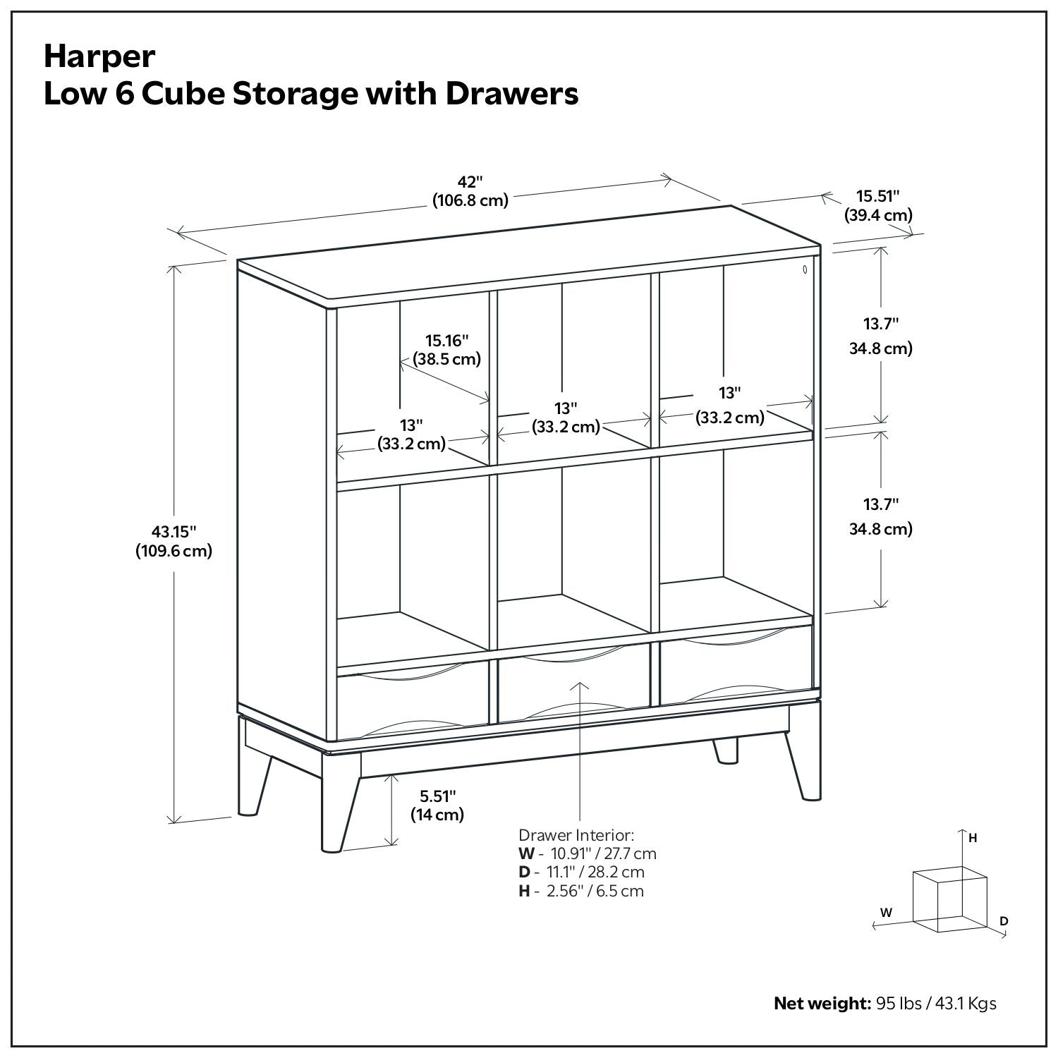 Harper - Low 6 Cube Storage With Drawers - Walnut Brown