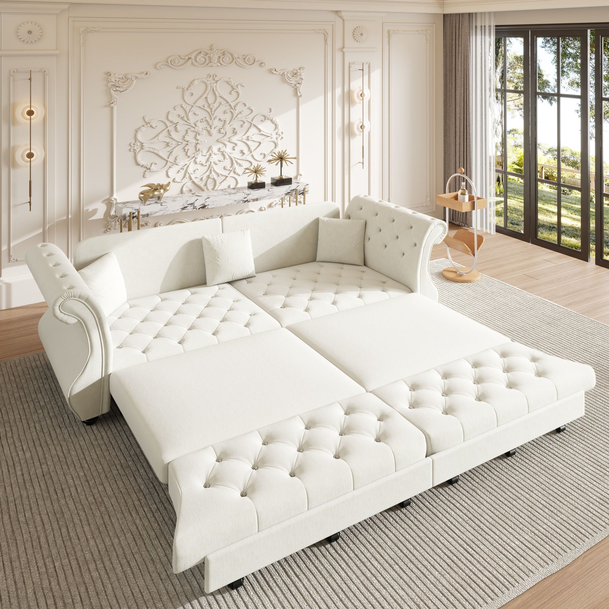 Oversized Chesterfield Pull Out Sofa Bed, Roll Arm Couch With Flower Tufting For Living Room